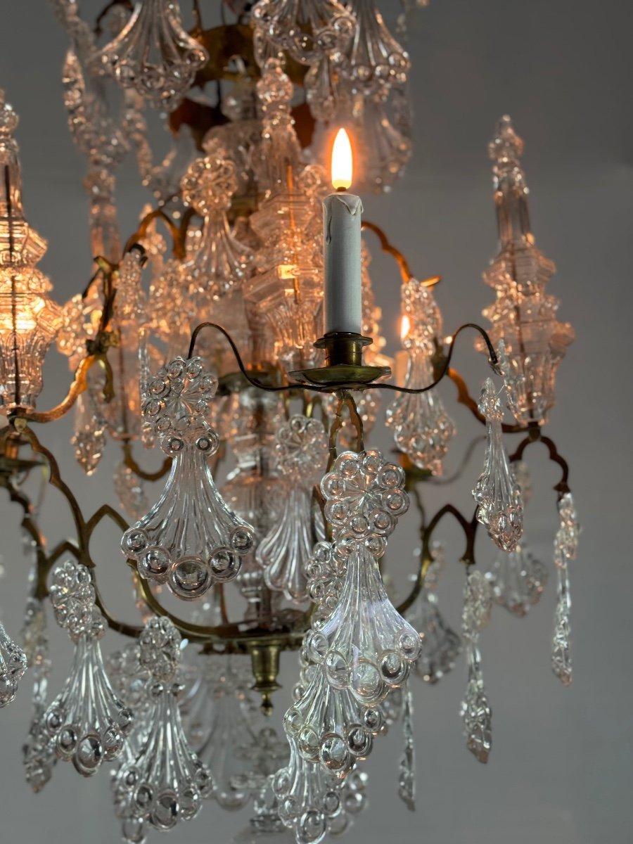 Italian Cage chandelier with moulded glass and bronze pendants, circa 1800 For Sale
