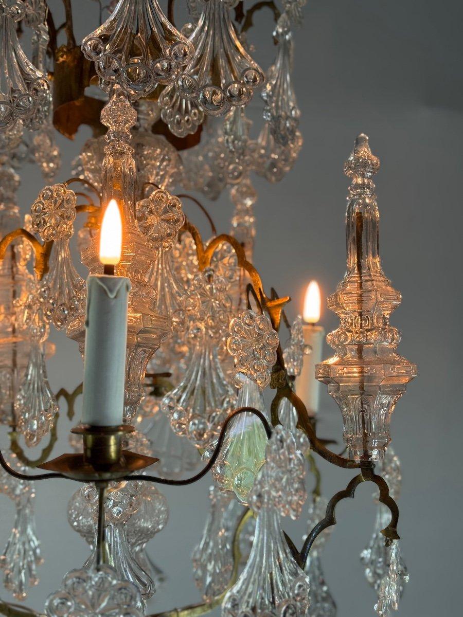 20th Century Cage chandelier with moulded glass and bronze pendants, circa 1800 For Sale