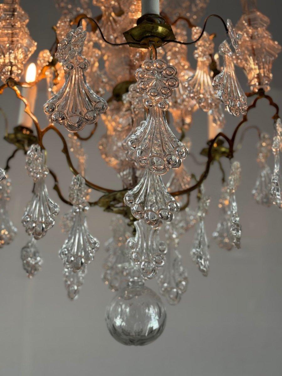 Crystal Cage chandelier with moulded glass and bronze pendants, circa 1800 For Sale