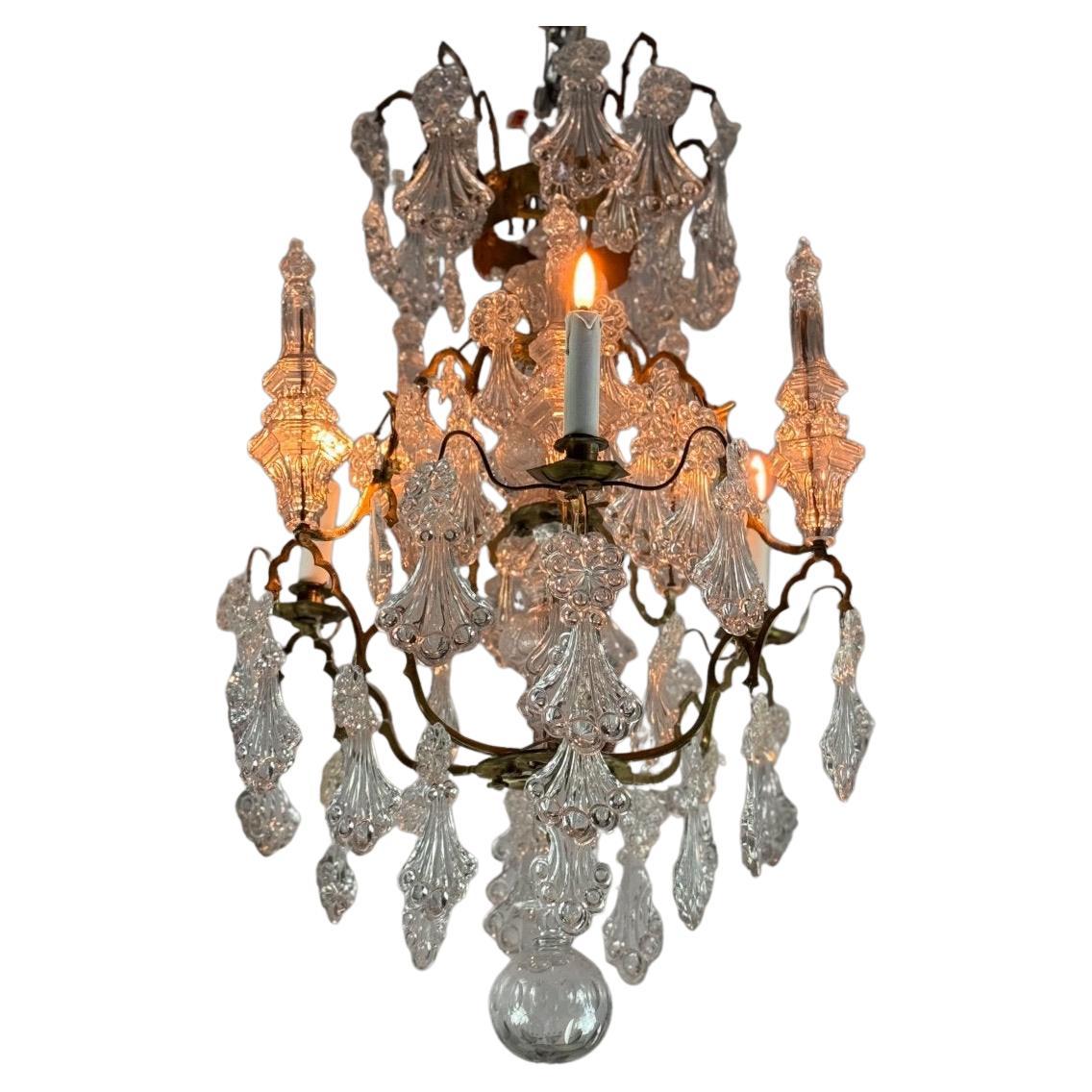 Cage chandelier with moulded glass and bronze pendants, circa 1800 For Sale