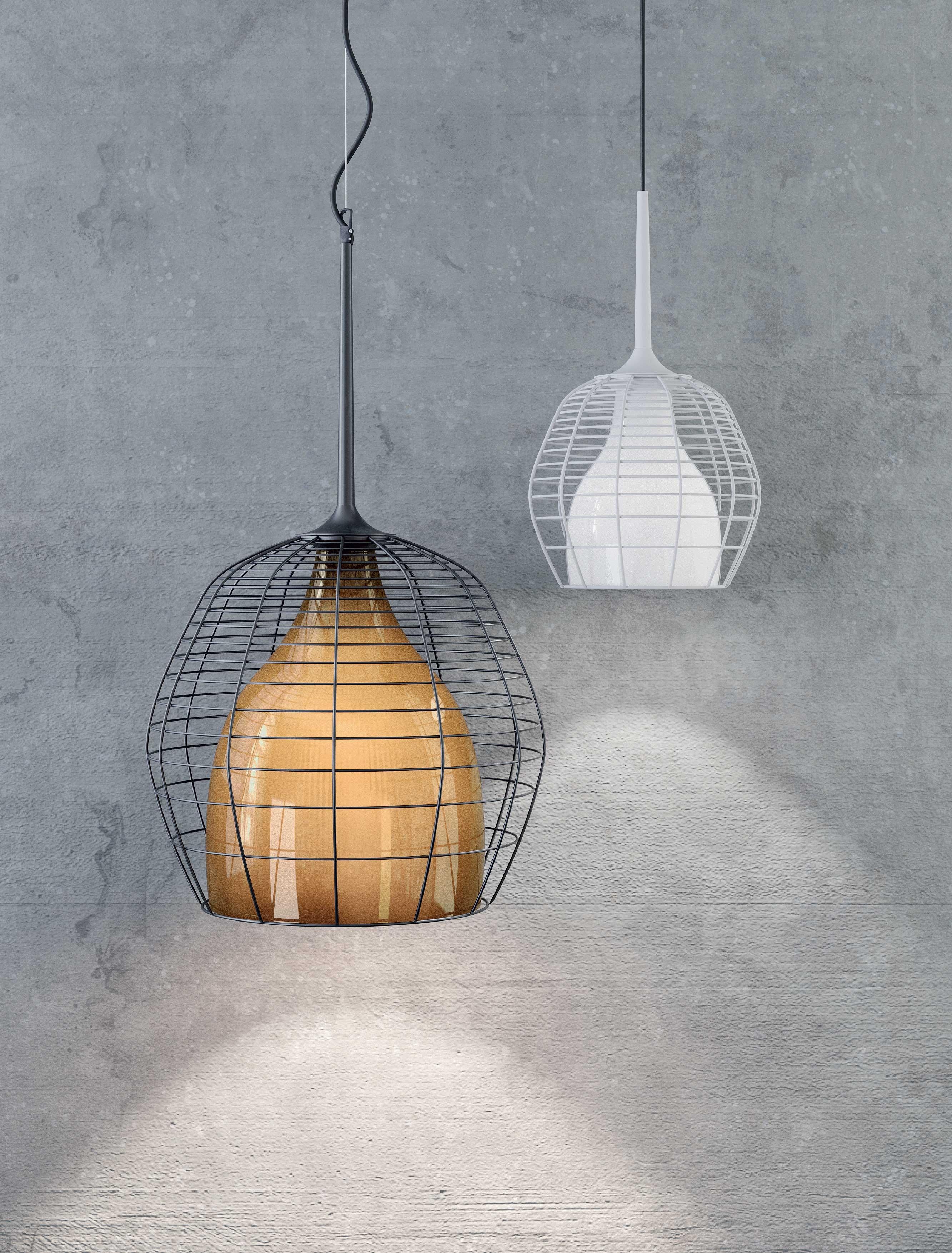 Contemporary Cage Large Suspension in Black with White Diffuser by Diesel Living For Sale