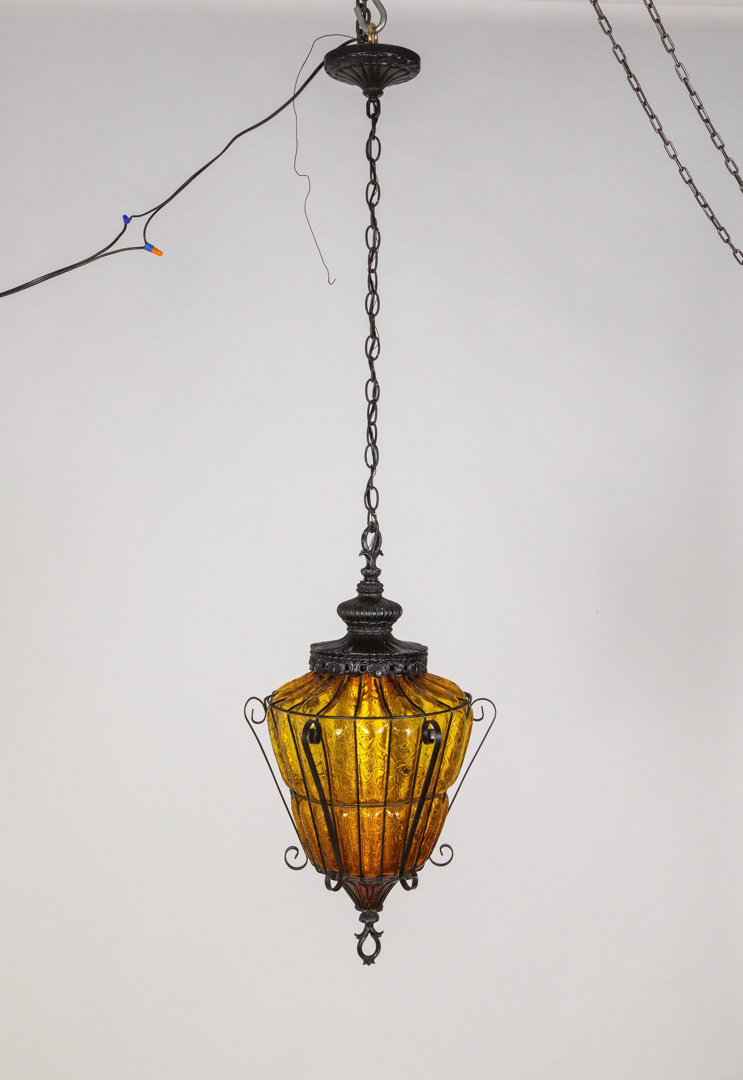 Caged Amber Glass Lantern For Sale 6