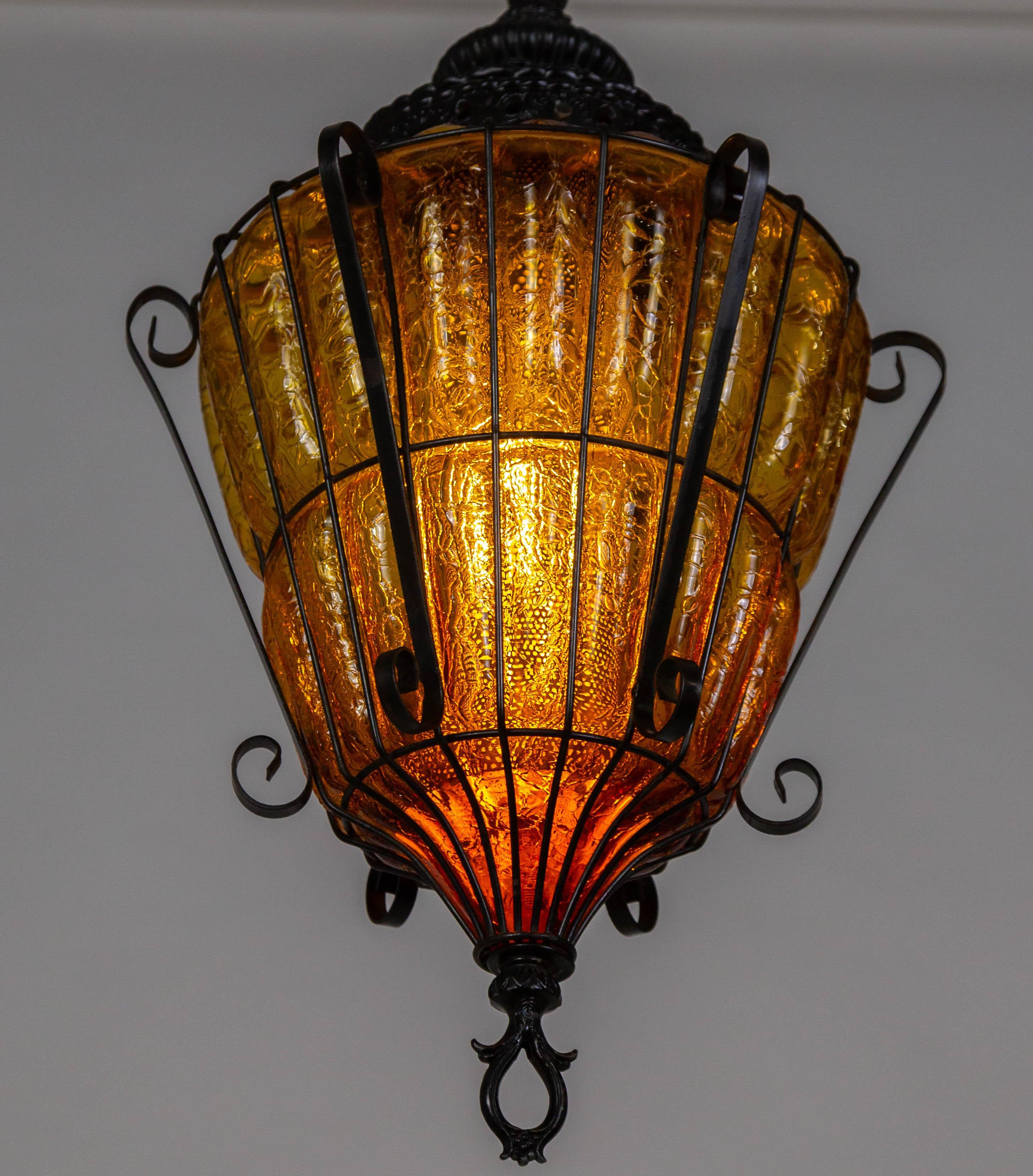 Caged Amber Glass Lantern In Good Condition For Sale In San Francisco, CA