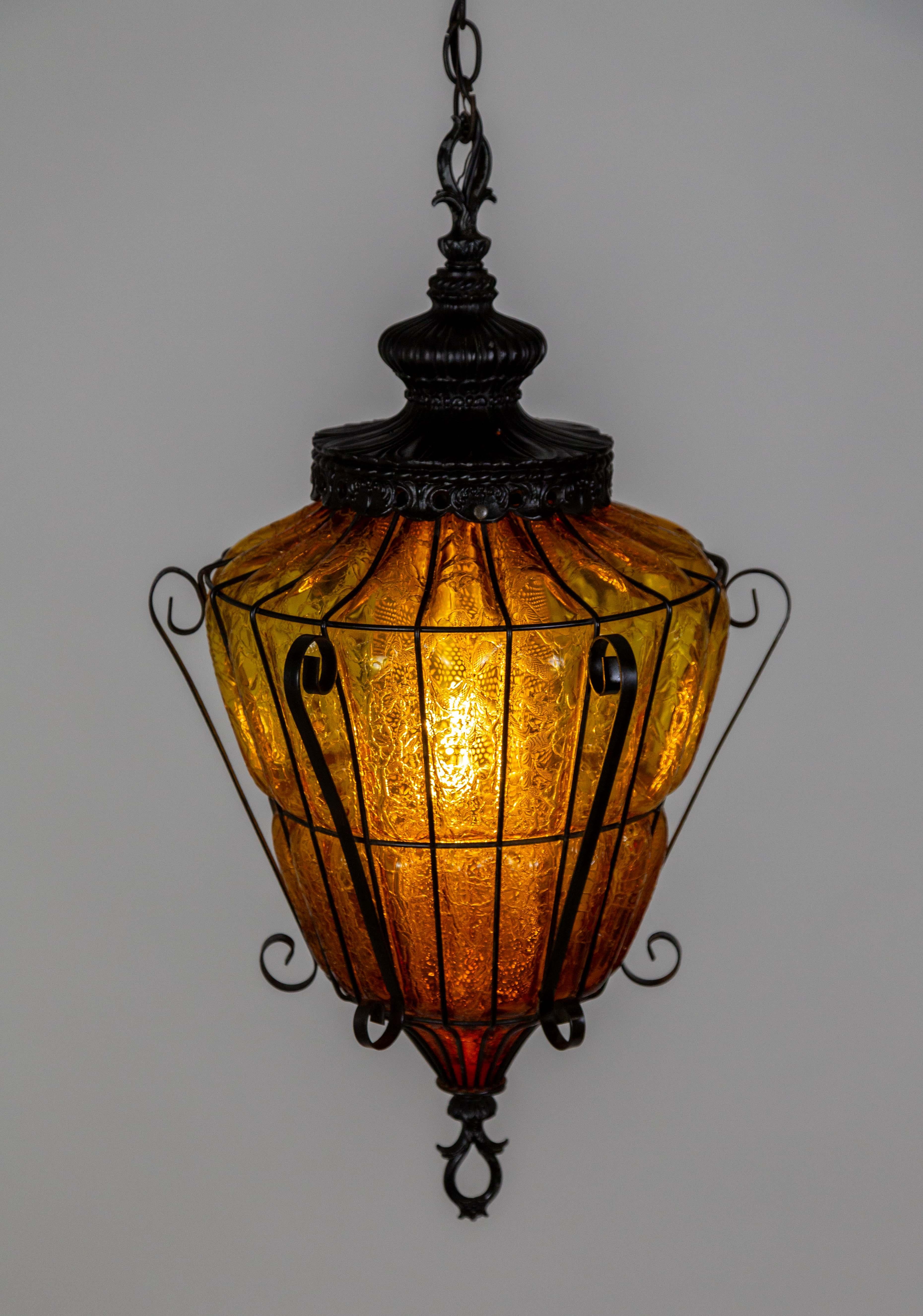 Mid-20th Century Caged Amber Glass Lantern For Sale
