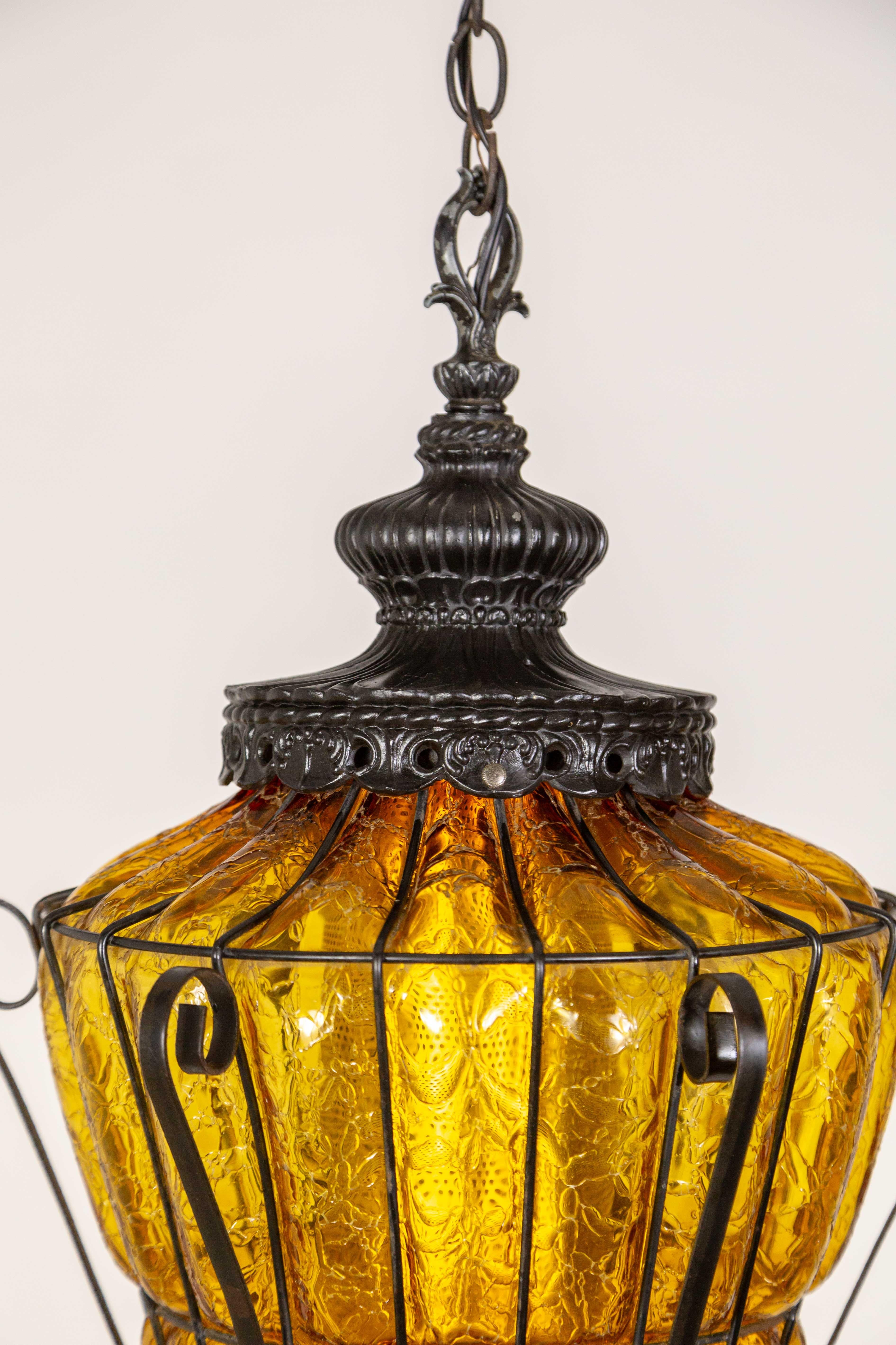 Metal Caged Amber Glass Lantern For Sale