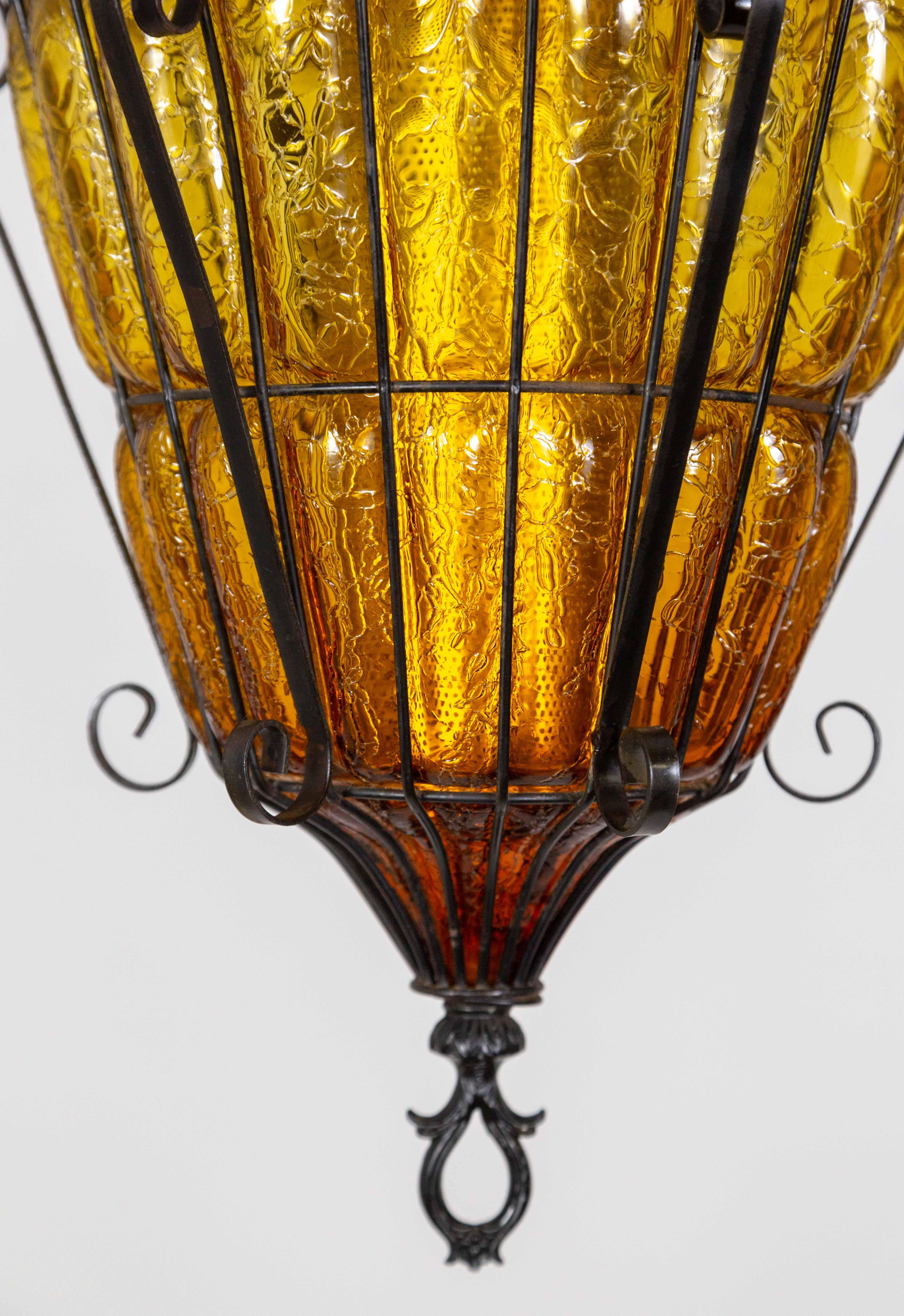 Caged Amber Glass Lantern For Sale 1
