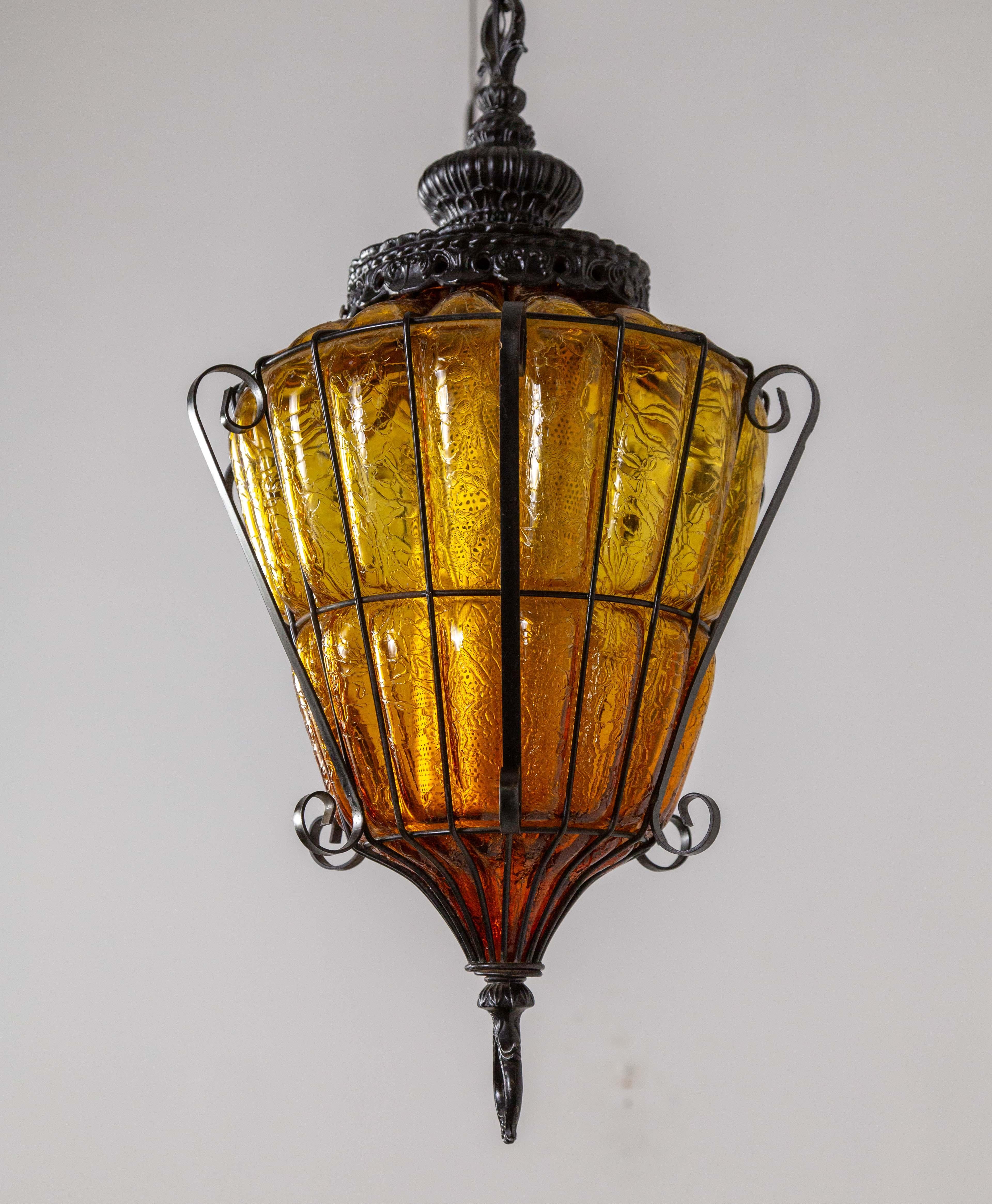 Caged Amber Glass Lantern For Sale 4