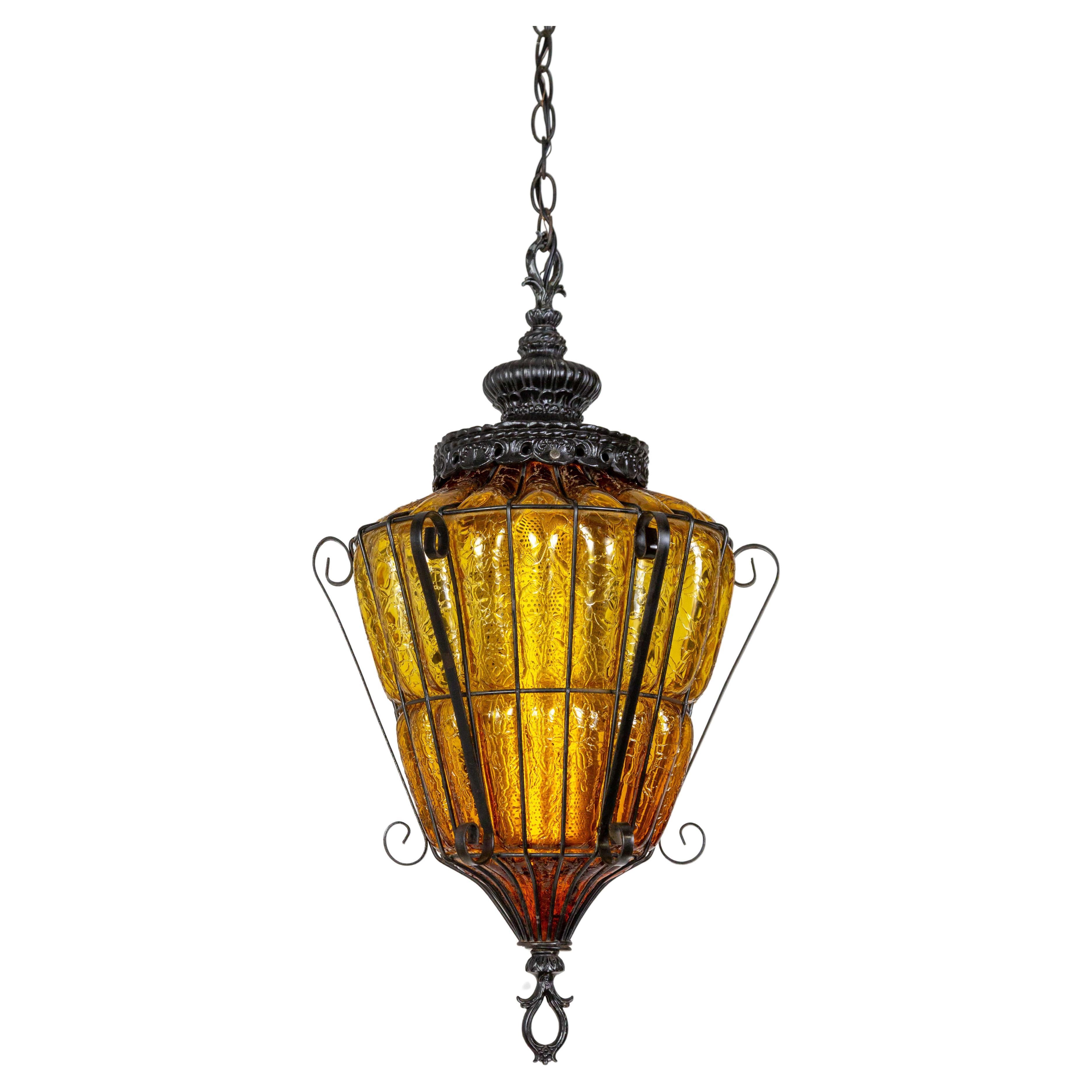 Caged Amber Glass Lantern For Sale