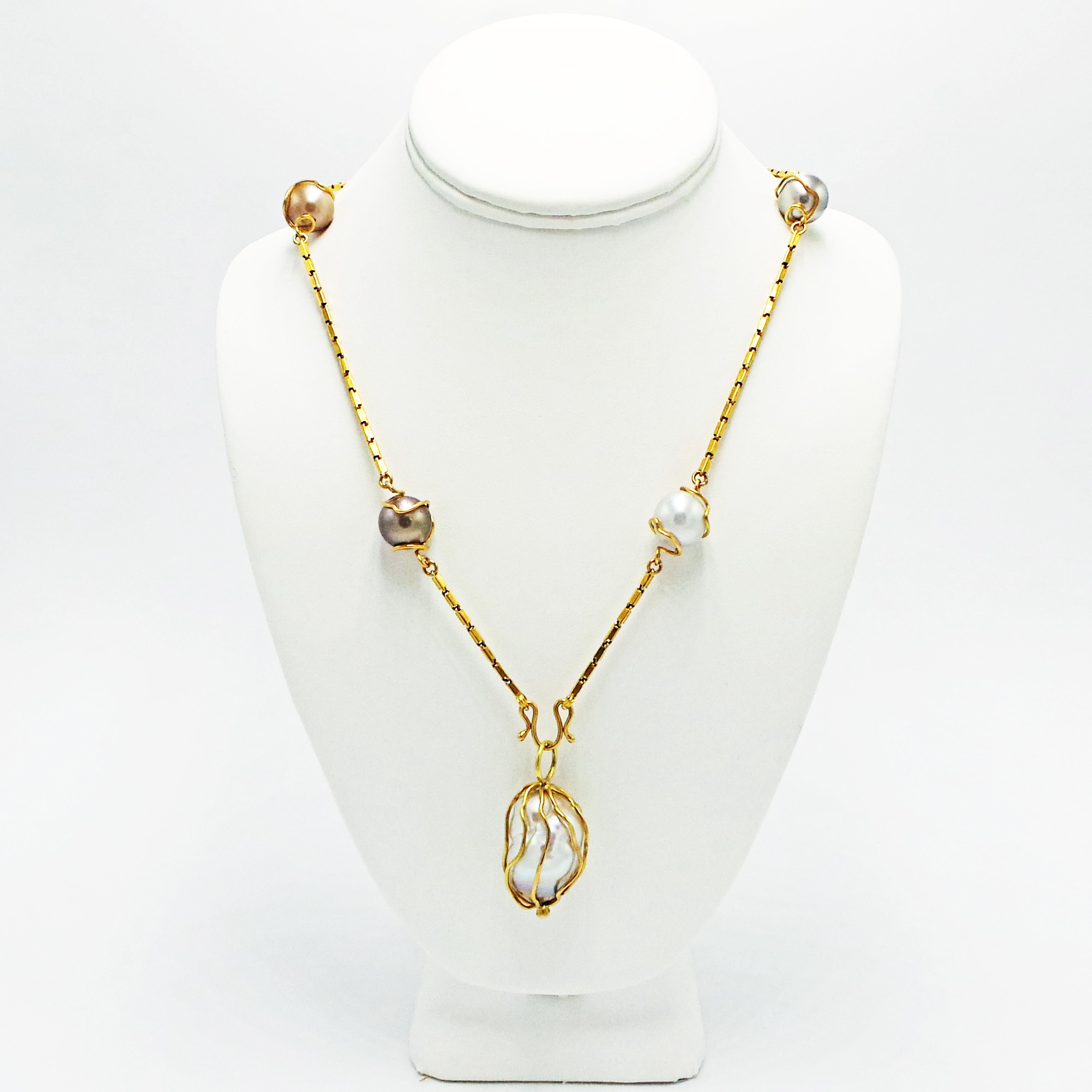 Caged 28mm Baroque Pearl 22 Karat Gold Pendant Necklace In New Condition For Sale In Naples, FL