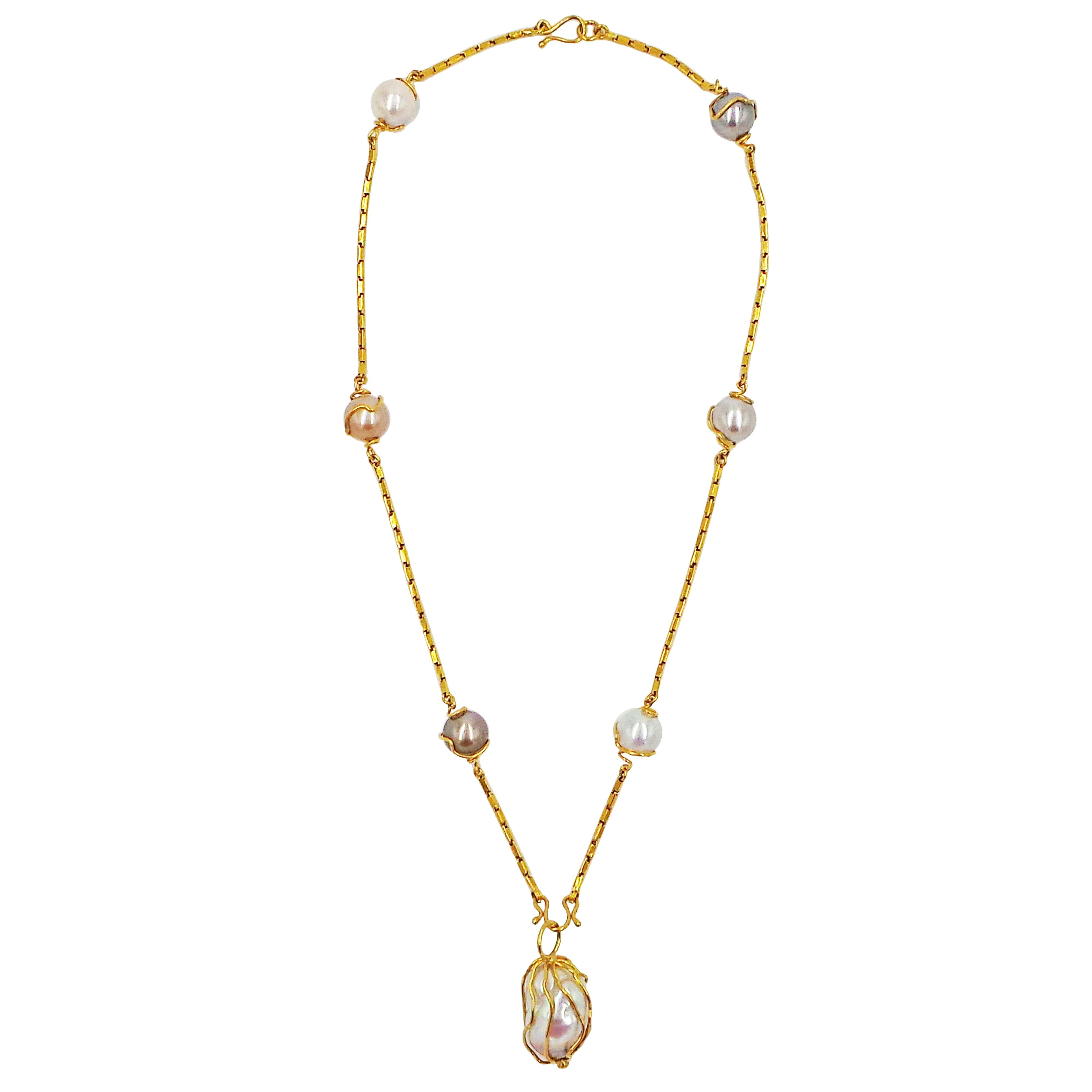 Caged 28mm Baroque Pearl 22 Karat Gold Pendant Necklace