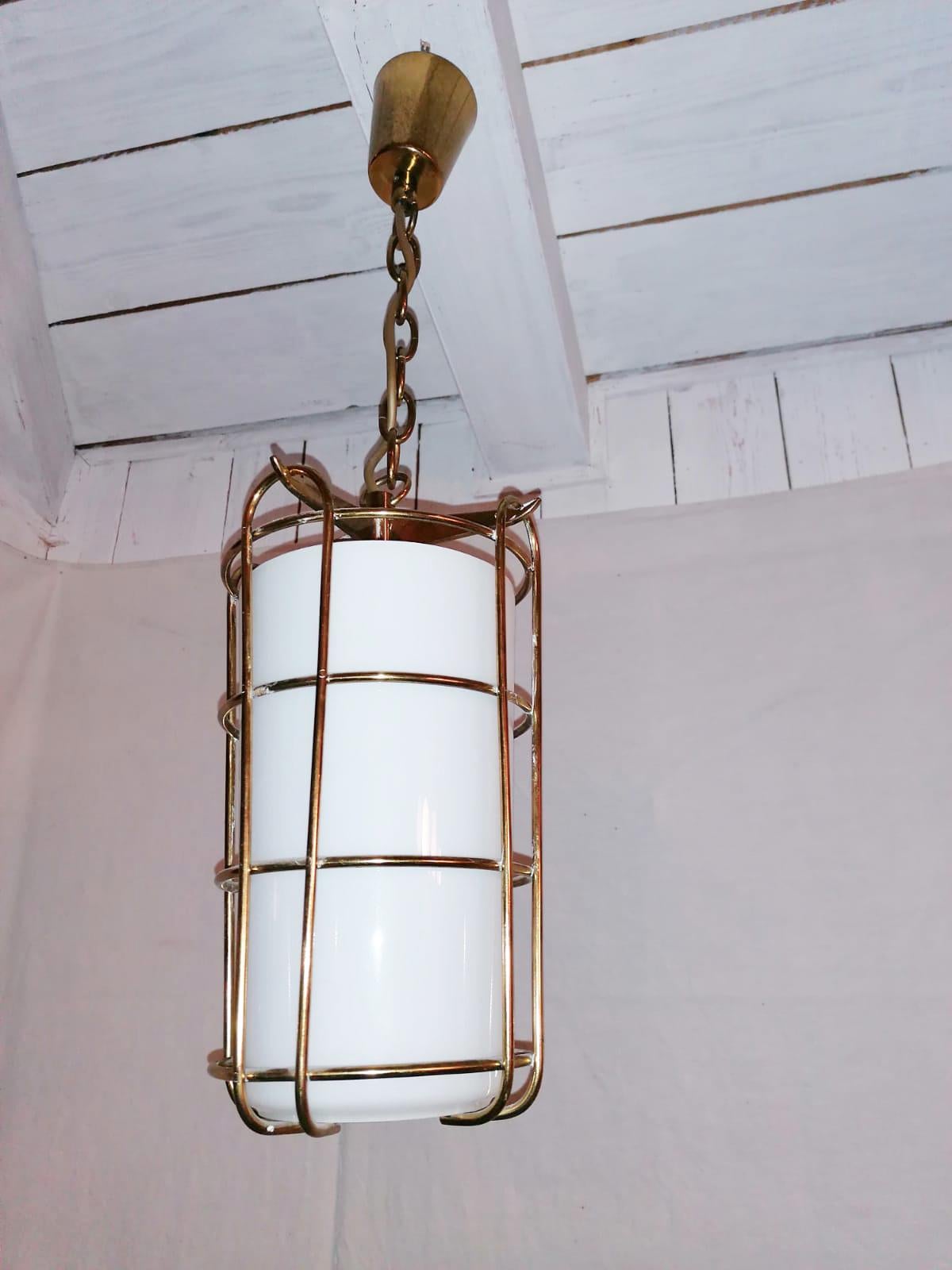 Italian Caged Opaline Glass Pendant Lamp For Sale