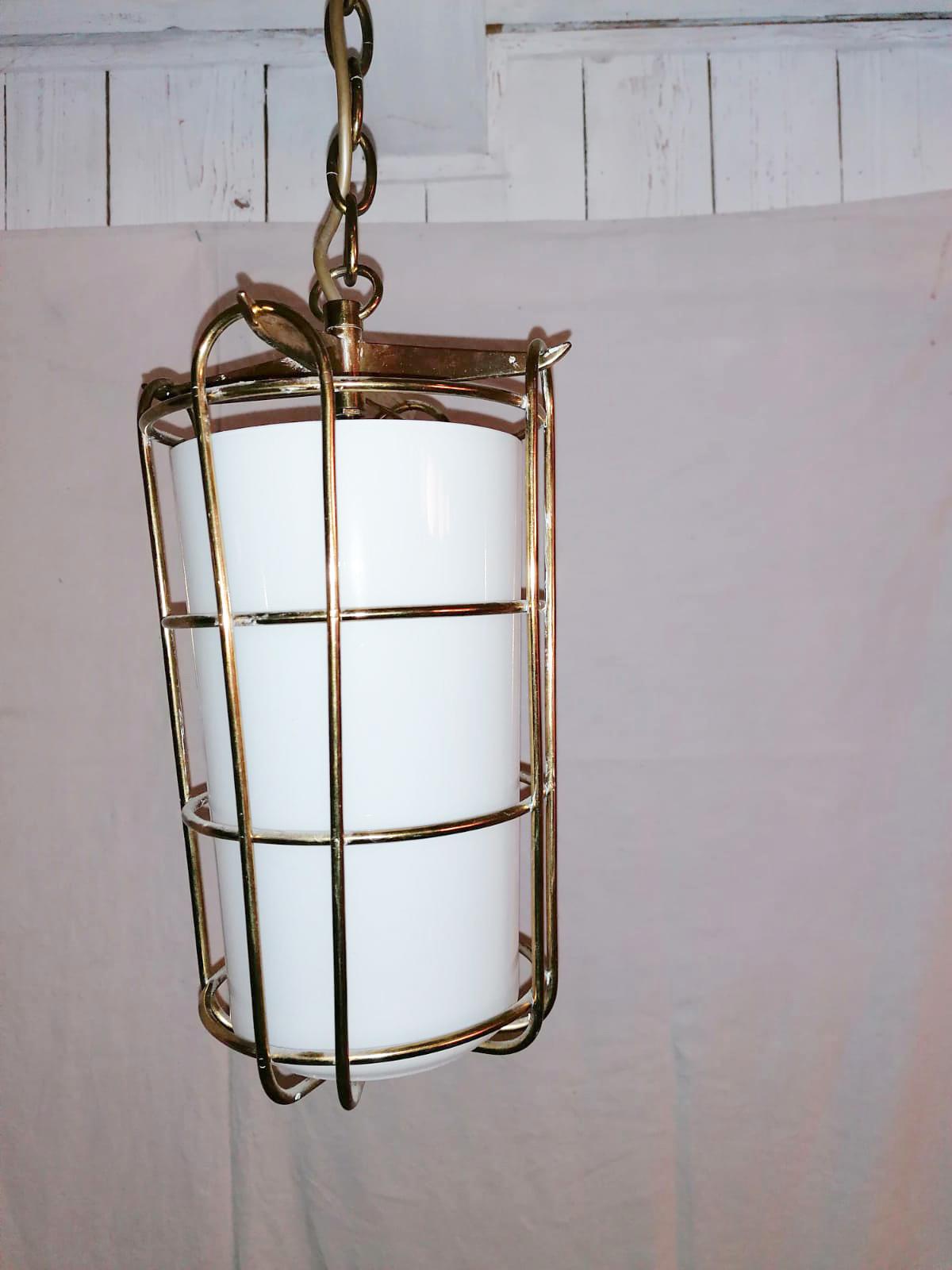 Mid-20th Century Caged Opaline Glass Pendant Lamp For Sale