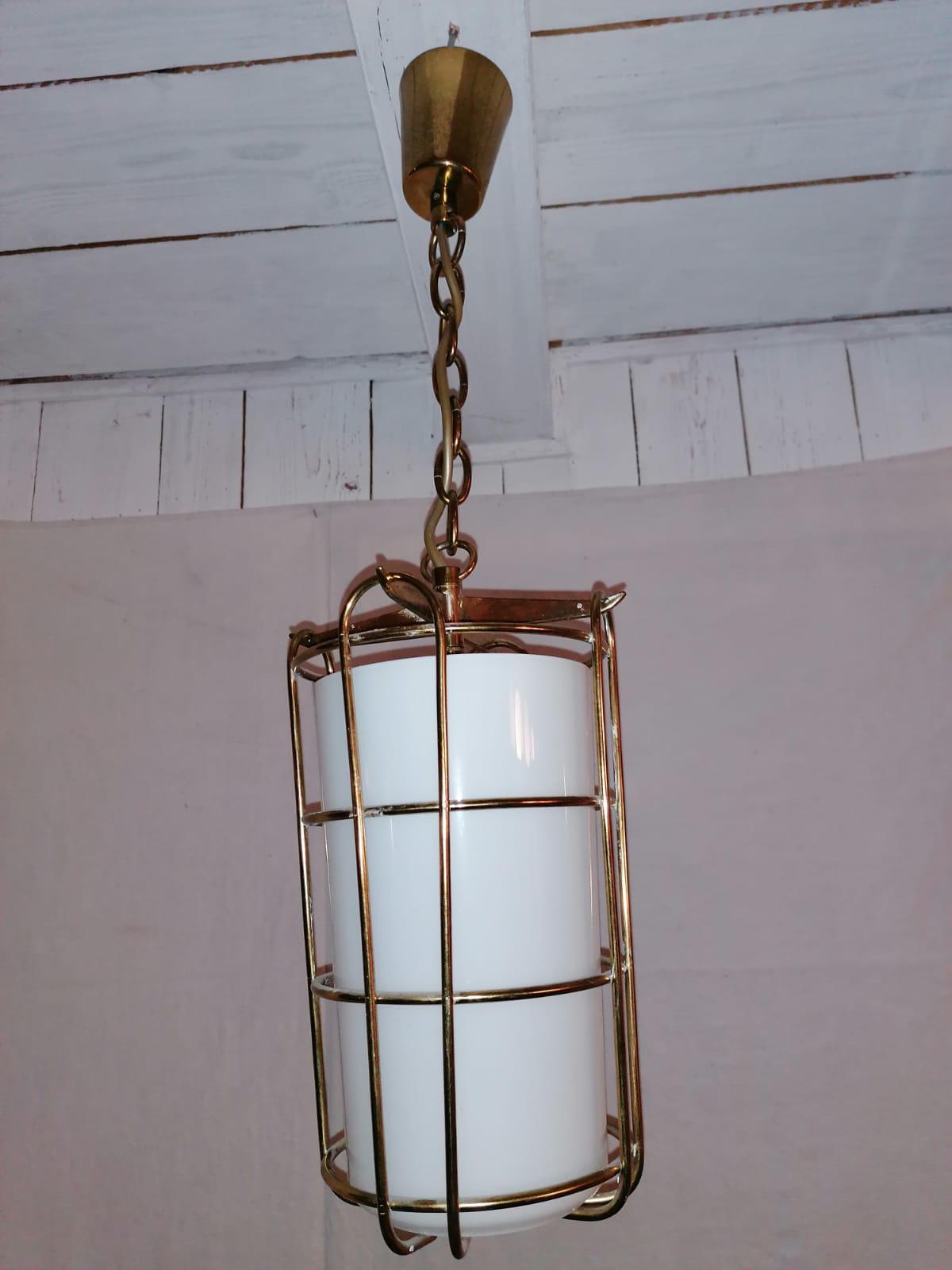 Caged Opaline Glass Pendant Lamp For Sale 2