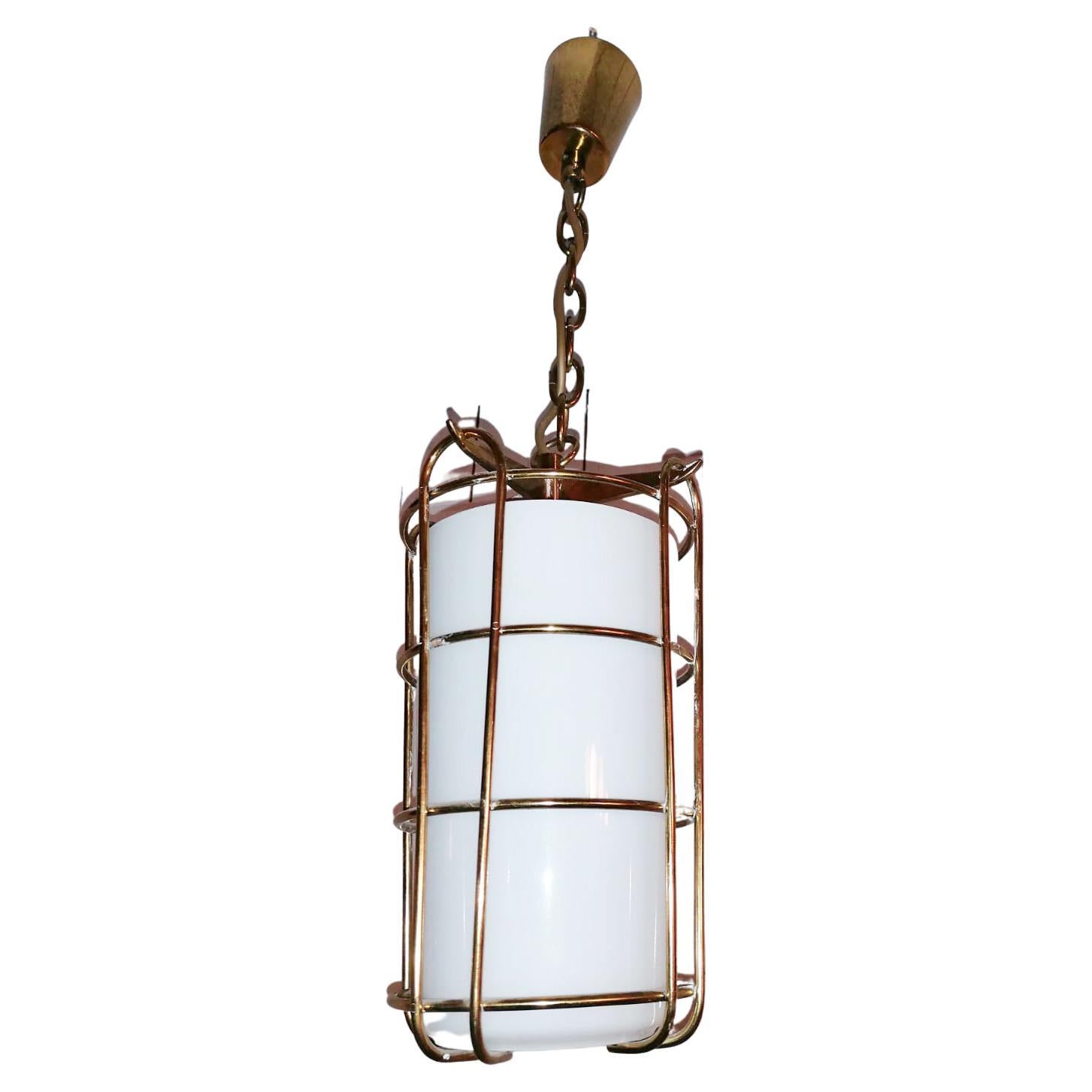 Caged Opaline Glass Pendant Lamp For Sale