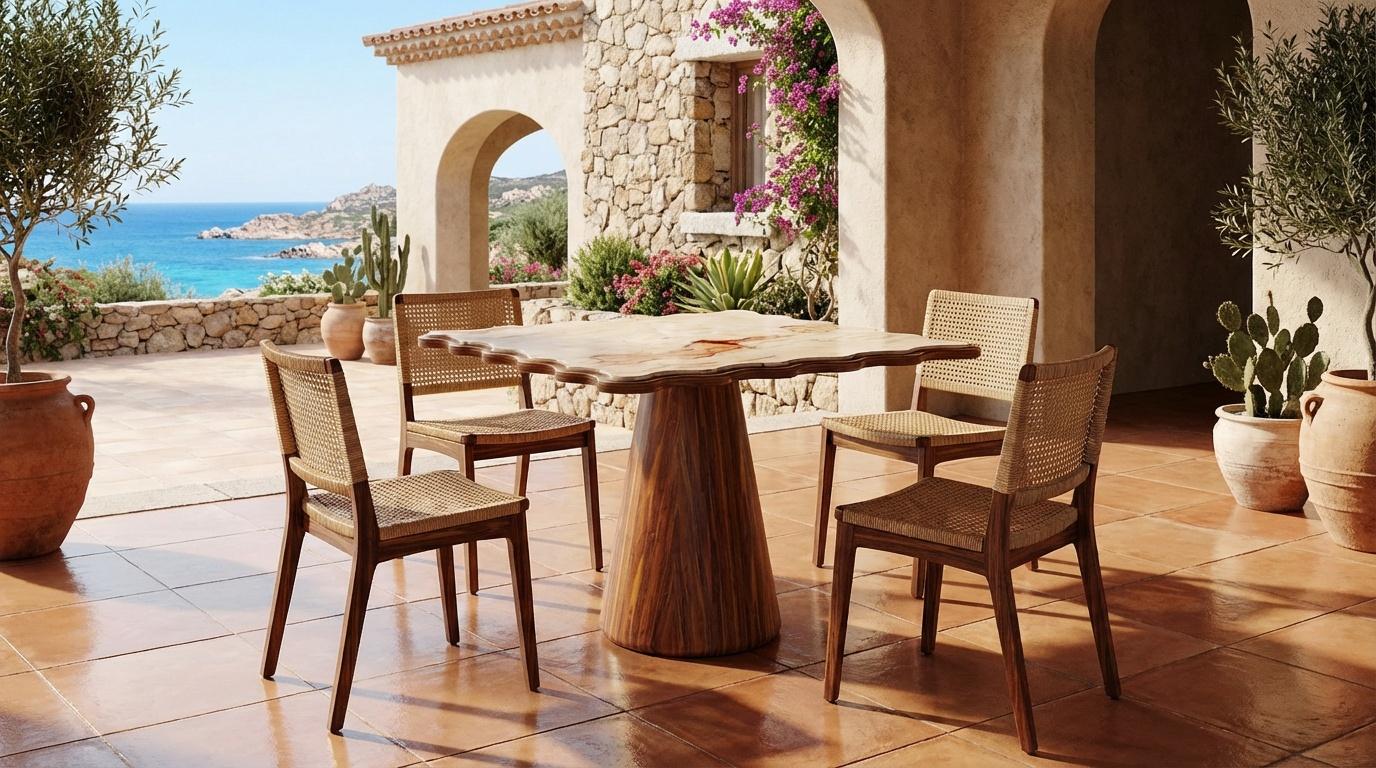 Organique Table de salle à manger d'extérieur Cagliari en Wood Iroko avec plateau en marbre rose égéen en vente
