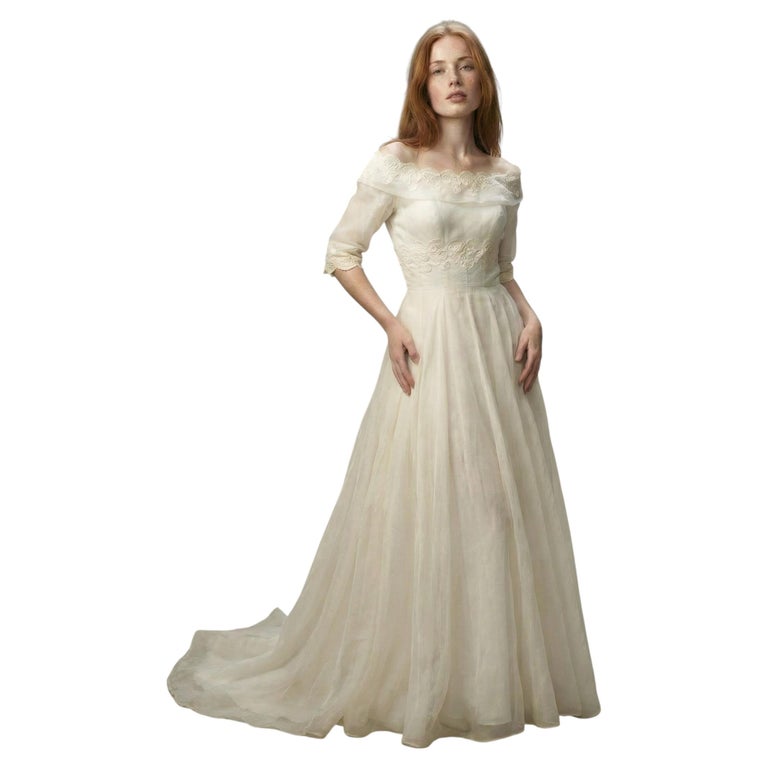 Cahill Vintage 1950s Ivory Organdy Off-Shoulder Wedding Gown with Lace For Sale at 1stDibs Cahill Vintage 1950s Ivory Organdy Off-Shoulder Wedding Gown with Lace For Sale at 1stDibs