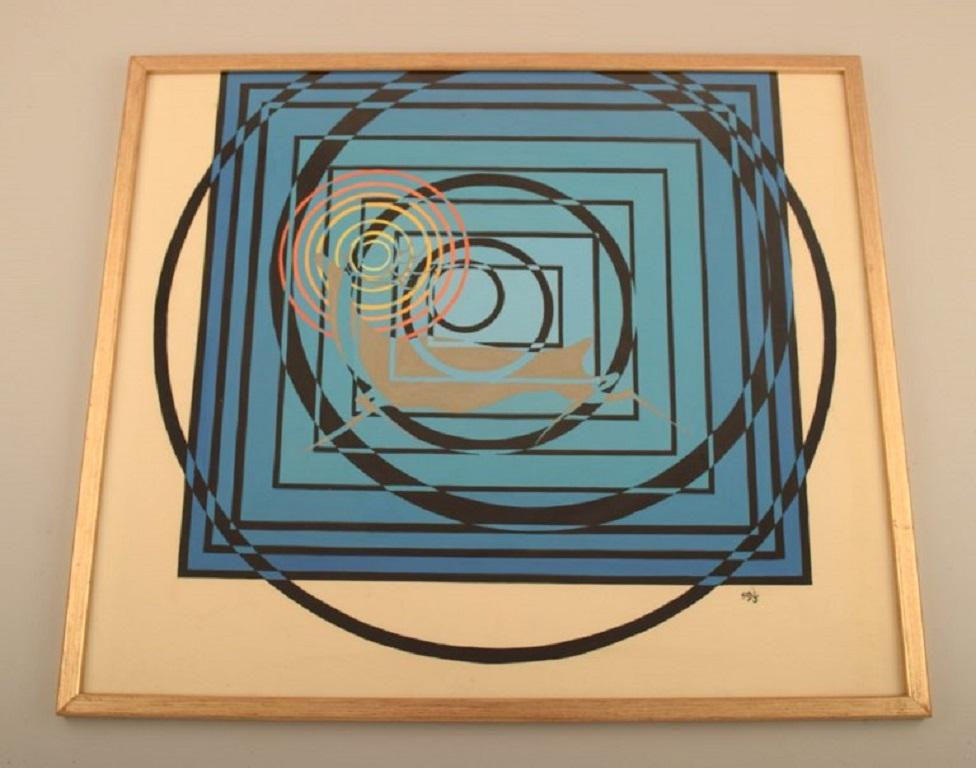 CAI, unknown artist. Tempera on paper. Abstract composition. Dated 1973.
The paper measures: 48 x 42 cm.
The frame measures: 1.5 cm.
In excellent condition.
Signed and dated.