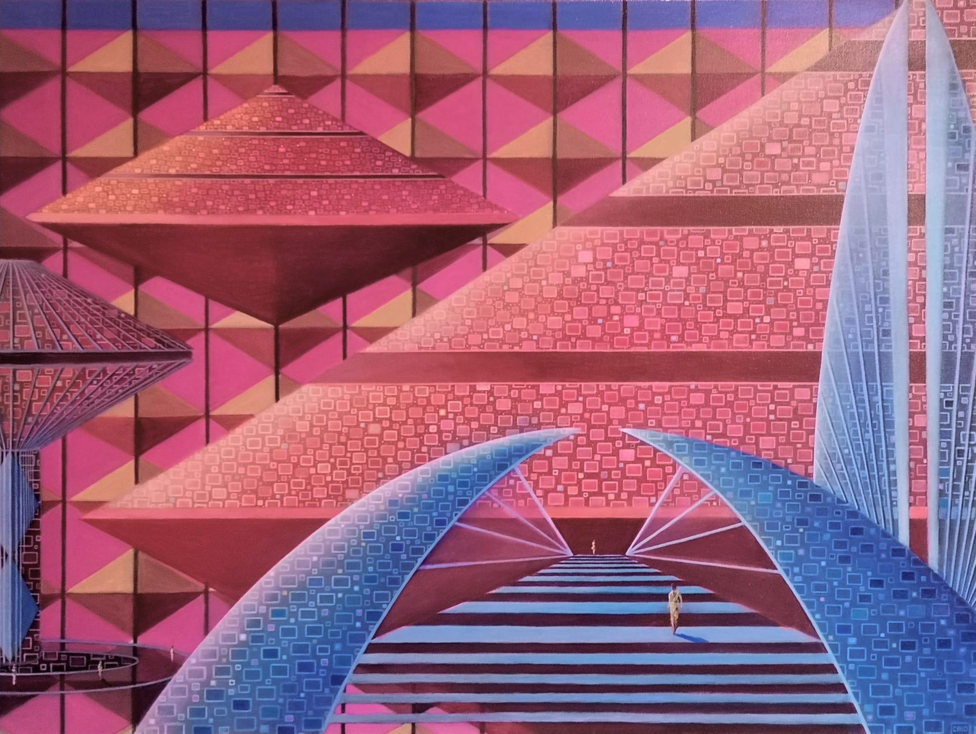 Caio Locke's painting "Nebula" (2019) transports viewers to a mesmerizing futuristic cityscape, expertly rendered with a captivating blend of acrylic and oil on canvas. The artwork immerses us in a visionary world where architecture and imagination