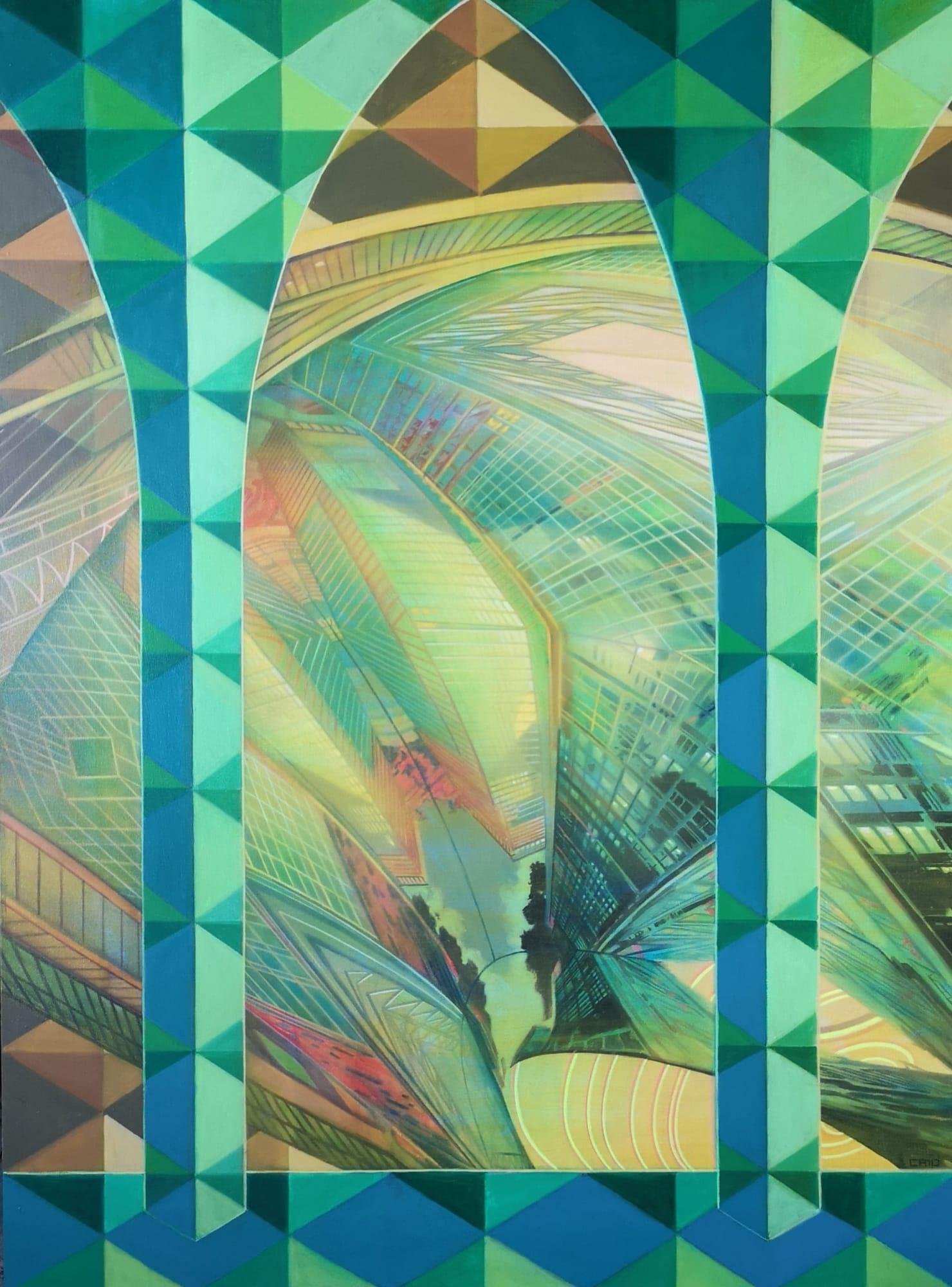 In Caio Locke's painting "Place No Place" (2019), a captivating and immersive scene unfolds, enveloping viewers in a world of vibrant green hues and mesmerizing geometric patterns. The composition is defined by a play of intersecting lines and