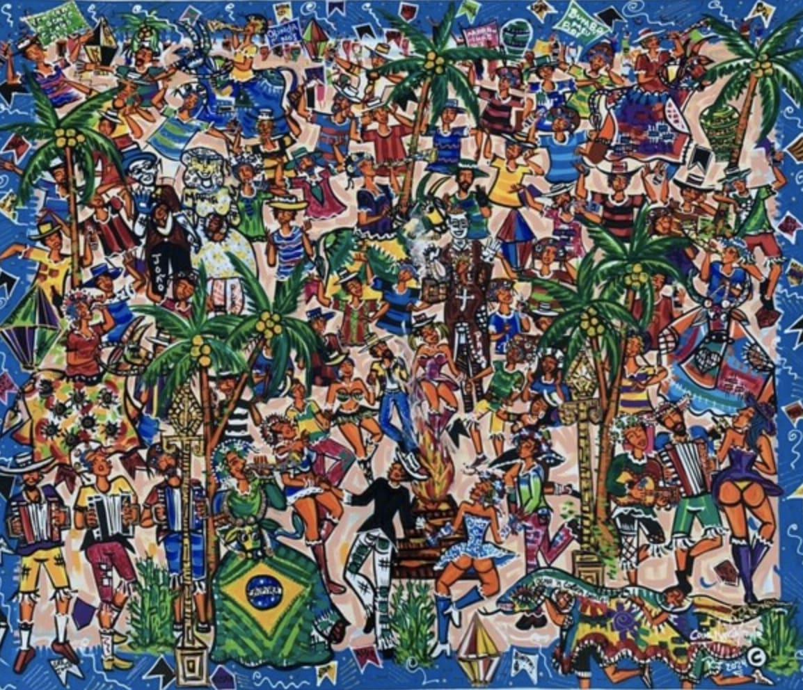 "Brazilian Folklore: Bumba Meu Boi Party - The Wedding of João and Maria Wooden Legs" by Caio Nascimento transports viewers into the heart of a vibrant Brazilian celebration, teeming with life and energy. This piece presents a dynamic and bustling