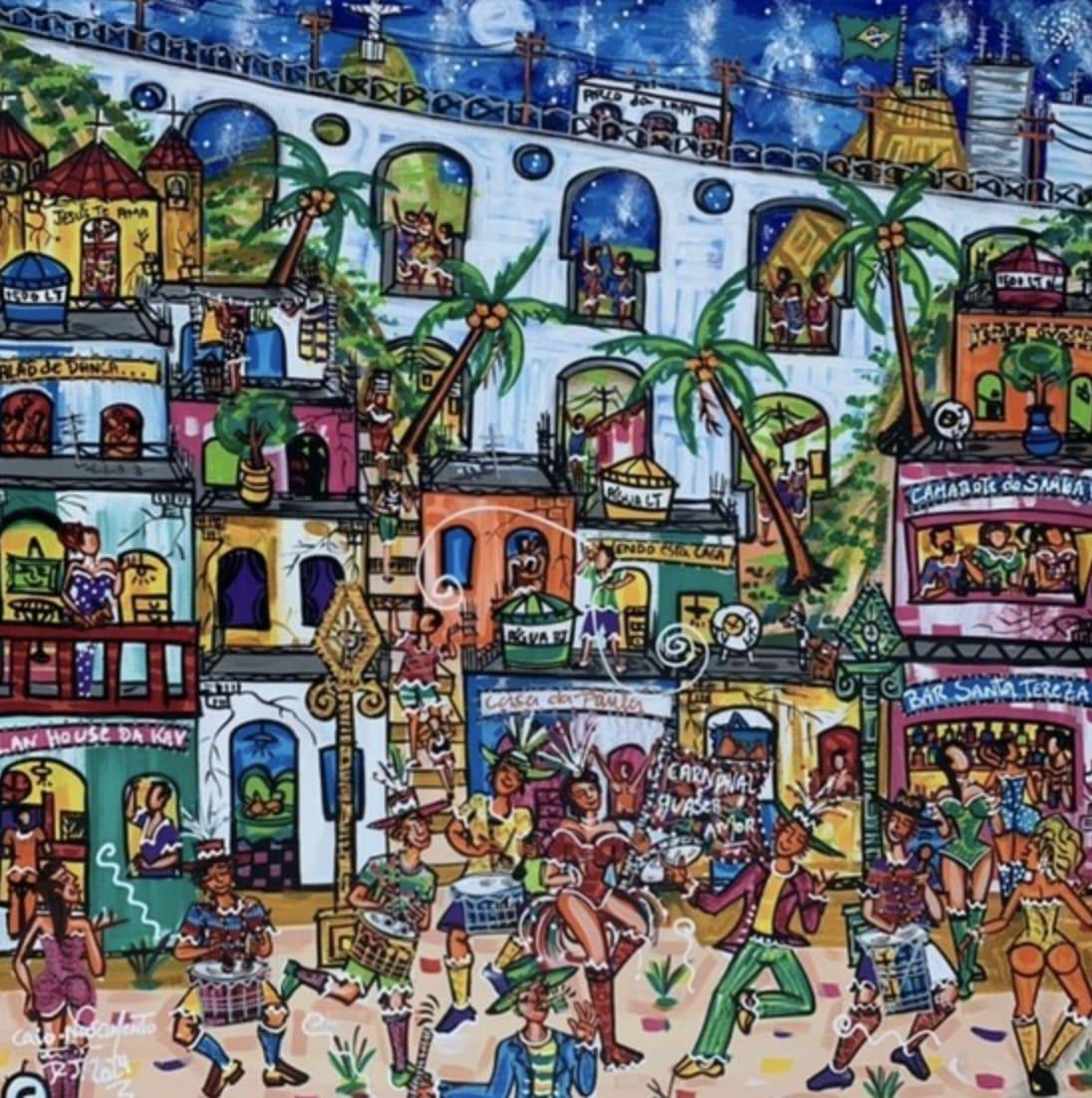 "Carnival Block in Arcos da Lap" captures the vibrant essence of Brazilian culture against the backdrop of a bustling favela. In the foreground, rows of colorful buildings line the streets, pulsating with the energy of the carnival celebration. The