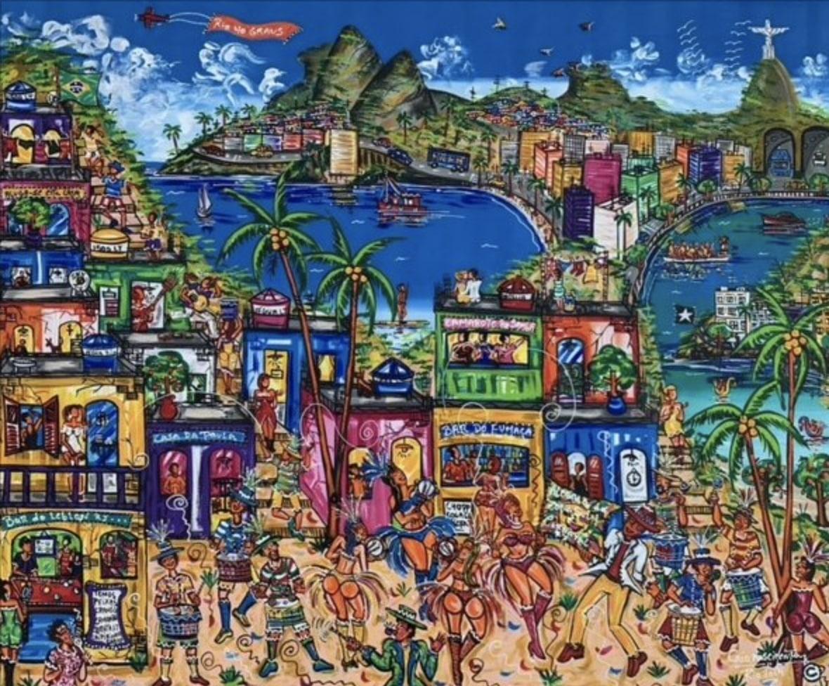 "Carnival in the Favela, with a View of Ipanema" by Caio Nascimento transports viewers into the heart of a vibrant Brazilian carnival, teeming with life and energy. This piece presents a dynamic and bustling scene bursting with the exuberance of the
