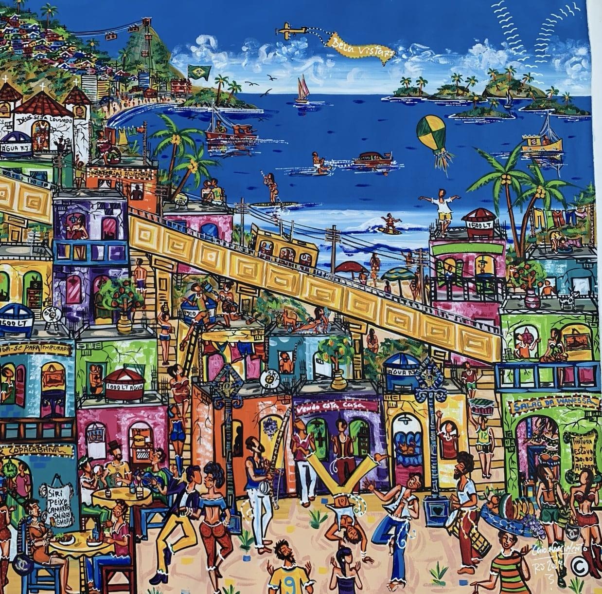 "Copoeira in Favela, with a View of Copacabana" depicts the rich tapestry of Brazilian culture through the lens of city life. In the foreground, individuals engage in the traditional Afro-Brazilian dance of Capoeira, their movements a vibrant