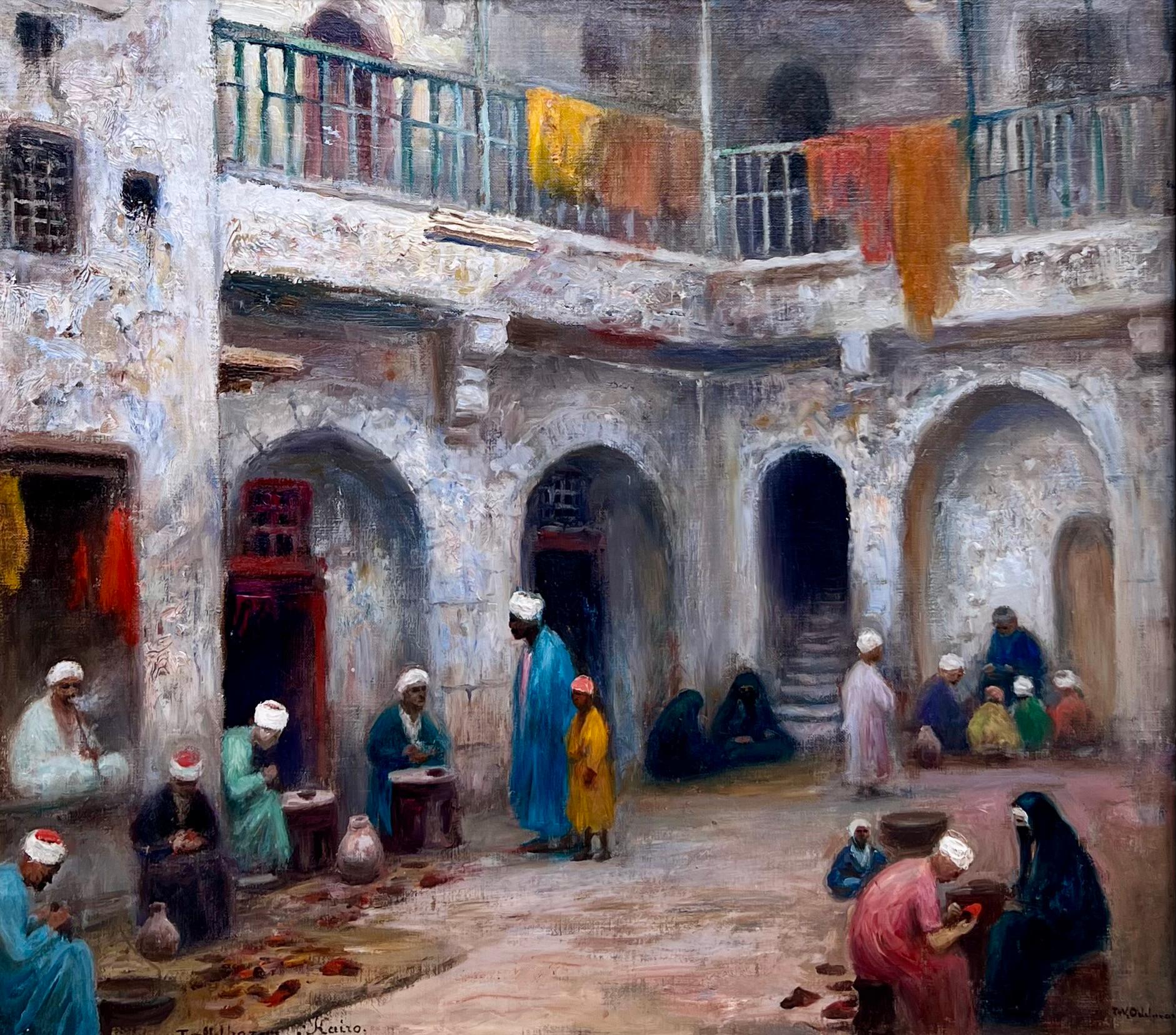 An oil on canvas signed in the lower right and inscribed with the location in the lower left.  Featuring a glimpse of life in Cairo.  The painting is presented in what is probably its original frame measuring 33