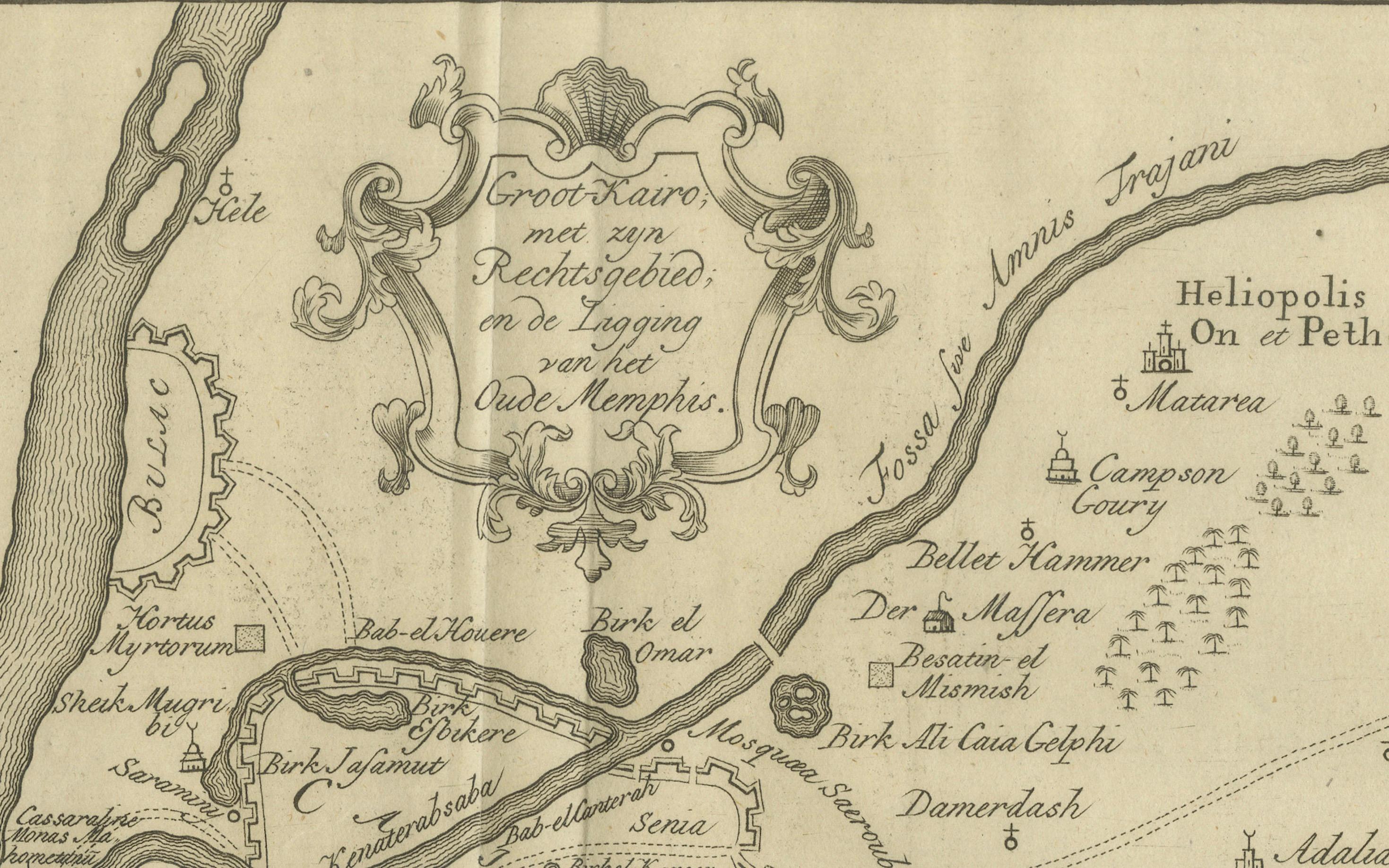 El Cairo, Babilonia y Heliópolis - Mapa antiguo de la antigua región de Menfis, 1776

Este mapa antiguo es un grabado holandés del siglo XVIII que muestra la región alrededor de la antigua Menfis (Egipto), incluidas las ciudades de El Cairo,
