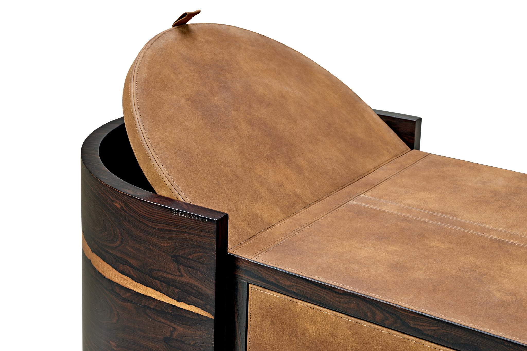 Portuguese Cais Sideboard, Ziricote Wood Veneer, Leather Details For Sale