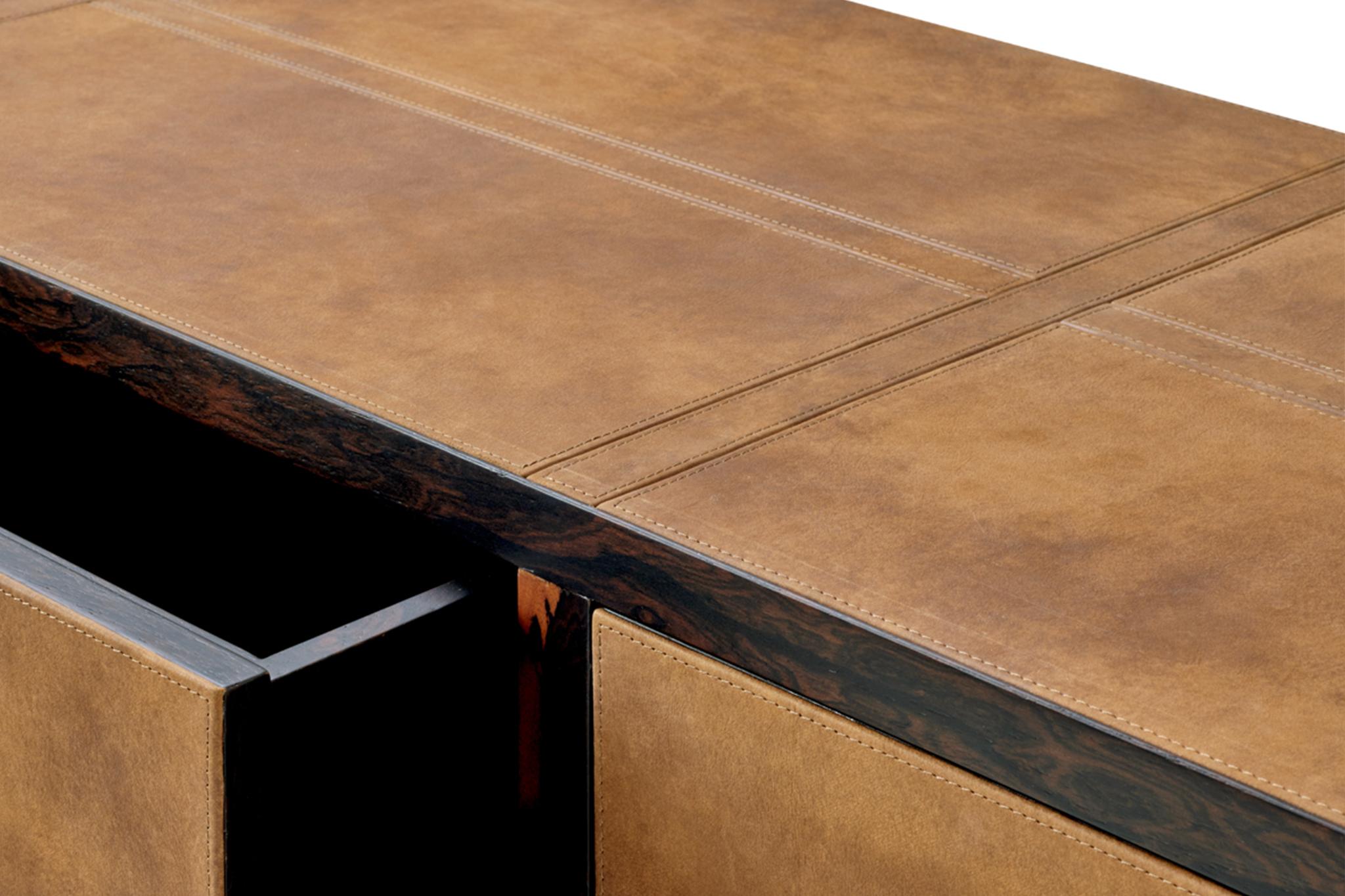 Contemporary Cais Sideboard, Ziricote Wood Veneer, Leather Details For Sale
