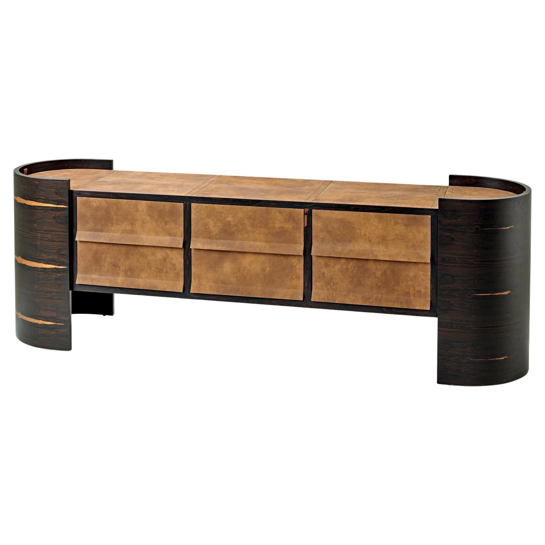 Cais Sideboard, Ziricote Wood Veneer, Leather Details