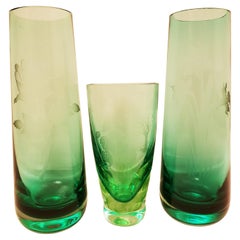 Retro Vitange Caithness Glass Sommerso Engraved Bud Vases