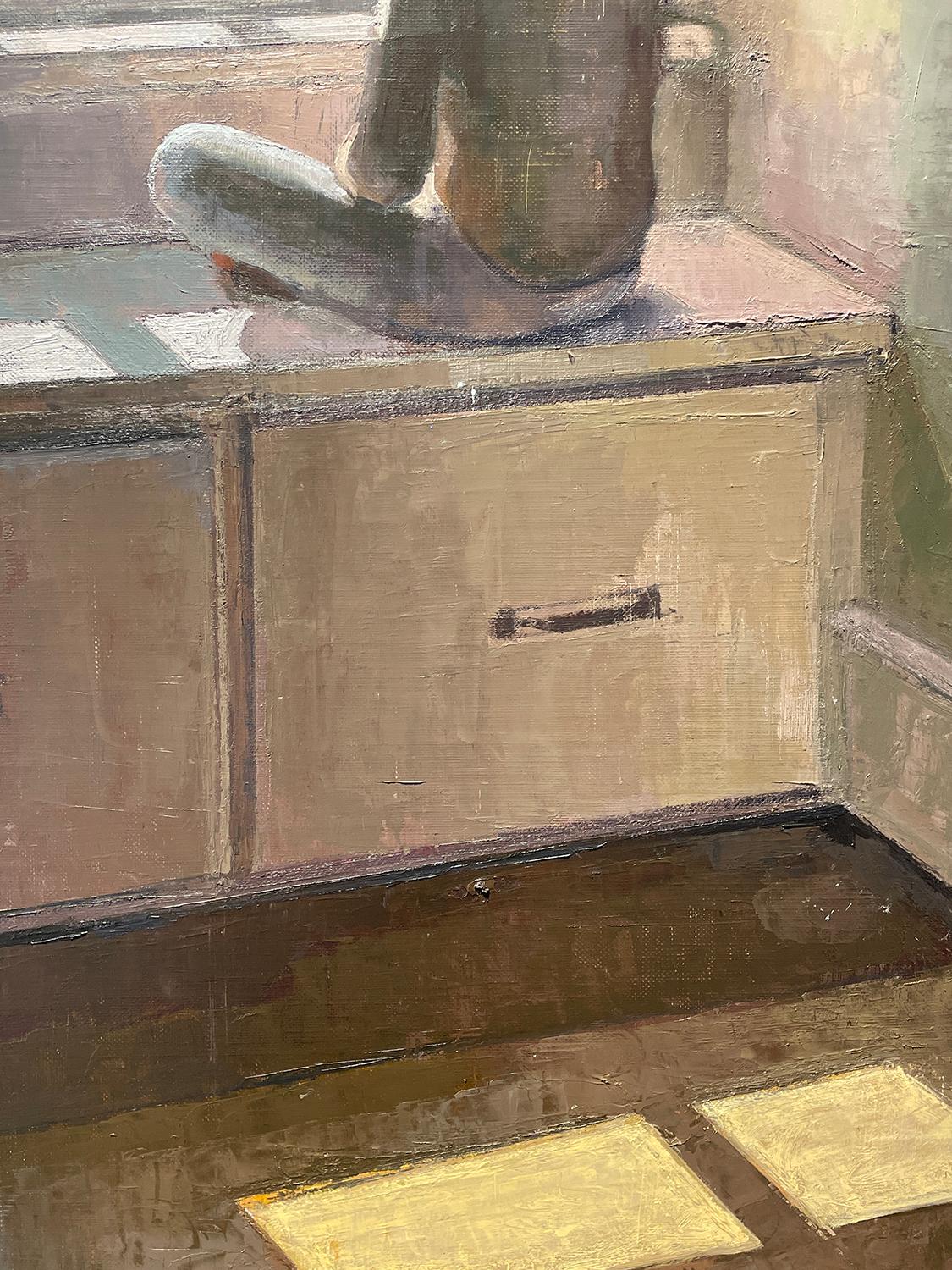 3 PM (Pittura a olio contemporanea di un bambino seduto alla finestra in un'abitazione di proprietà della famiglia. - Portrait Painting Nero di Caitlin Winner