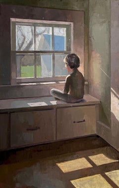 3 PM (Contemporary Oil Painting of Young Child Sitting in Window in 