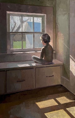 3 PM (Pittura a olio contemporanea di un bambino seduto alla finestra in un'abitazione di proprietà della famiglia.
