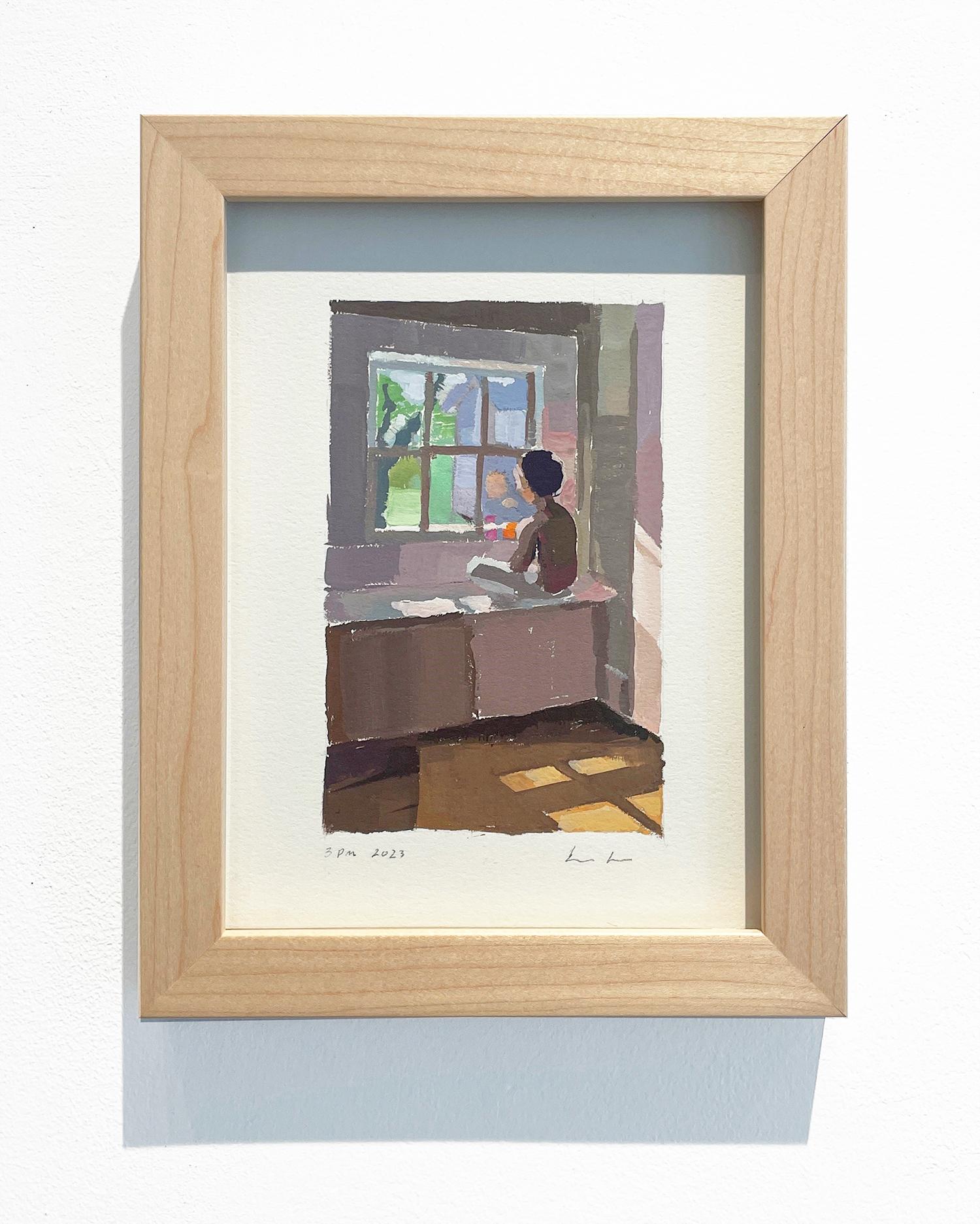 3 PM, Study (Small Gouache painting of young Child sitting in Window) - Painting by Caitlin Winner