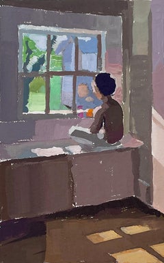 3 PM, Study (Small Gouache painting of young Child sitting in Window)