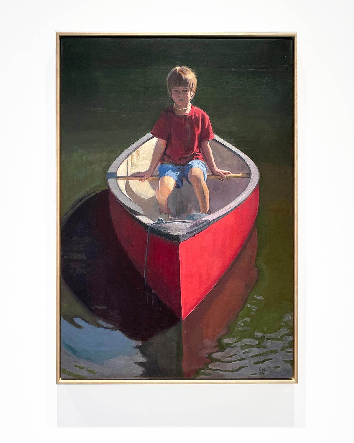 Acqua Santa (pittura ad olio realista di un giovane ragazzo biondo che galleggia su una canoa rossa) - Painting di Caitlin Winner