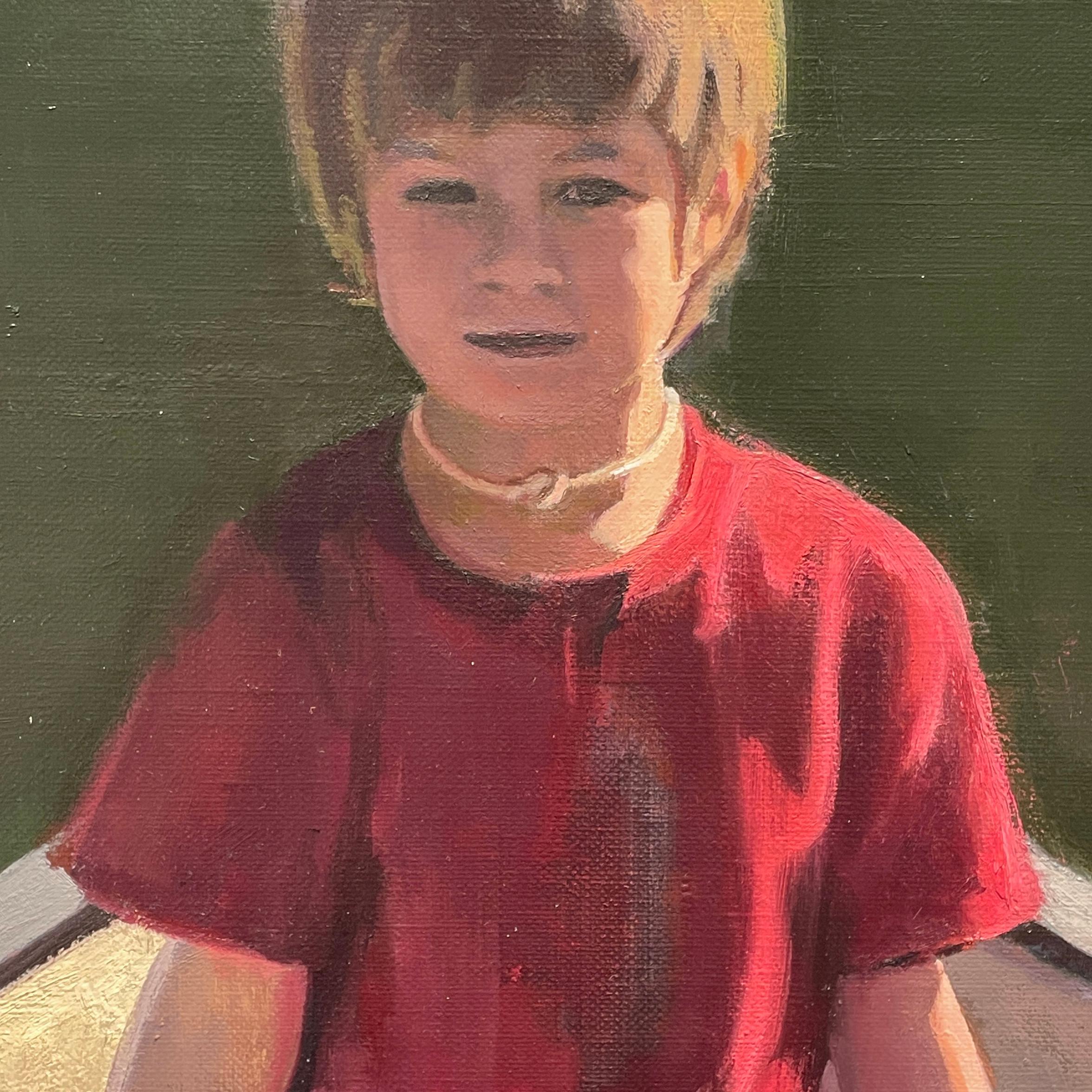 Acqua Santa (pittura ad olio realista di un giovane ragazzo biondo che galleggia su una canoa rossa) - Painting Contemporaneo di Caitlin Winner
