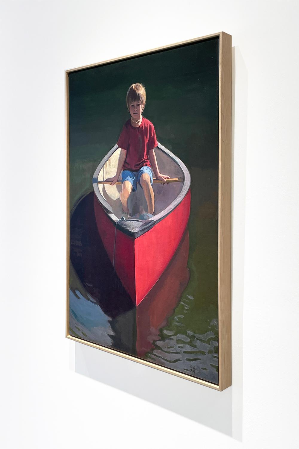 Acqua Santa (pittura ad olio realista di un giovane ragazzo biondo che galleggia su una canoa rossa) 1