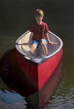 Holy Water (Realist Oil Painting of Young Blonde Boy Floating in Red Canoe)