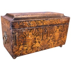 Antique Caja inglesa de te de madera lacada con decoracion renancetista, S XIX.Inglesa