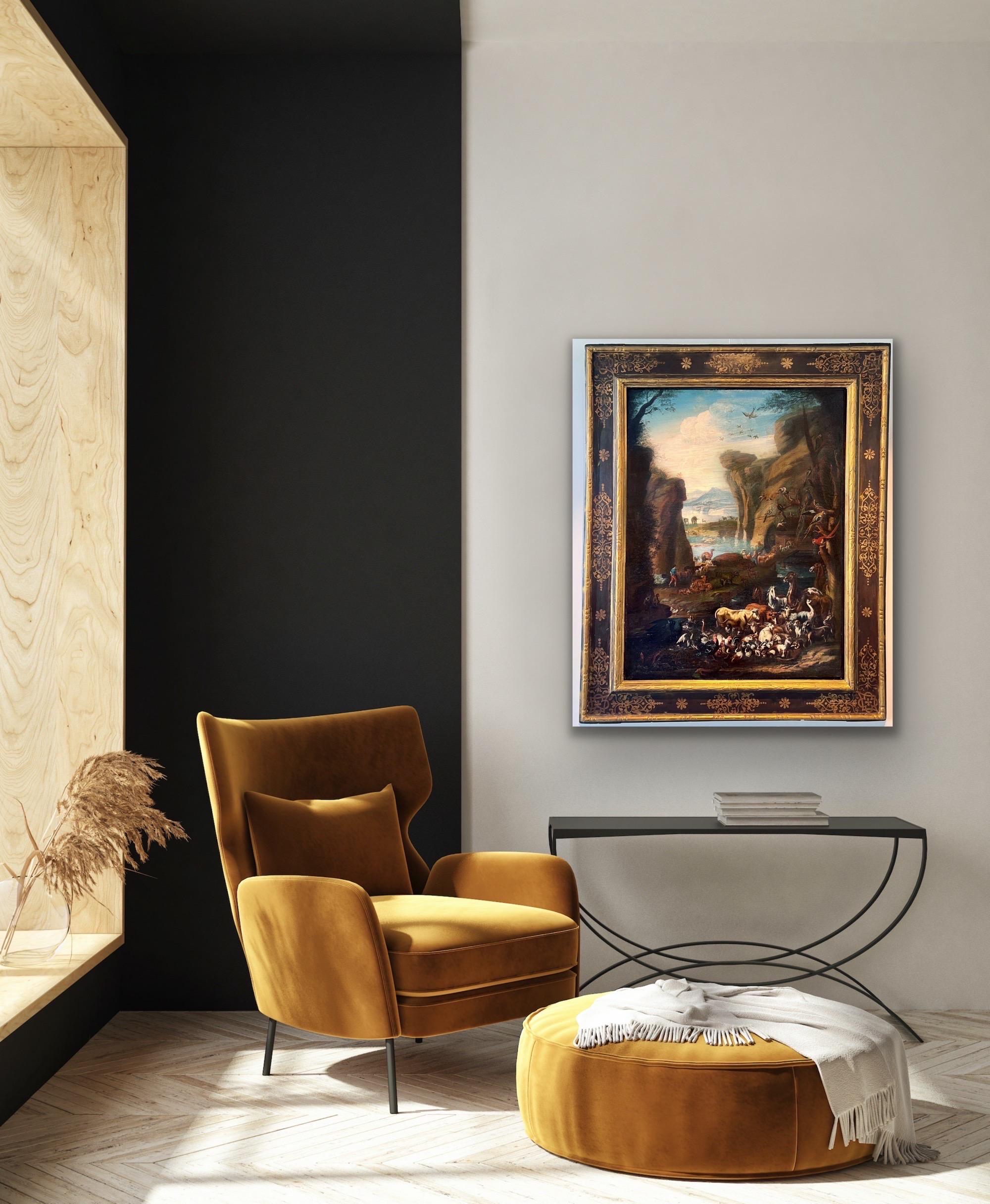 Gran pintura italiana del siglo XVII / XVIII - Animales entrando en el arca de Noé 3