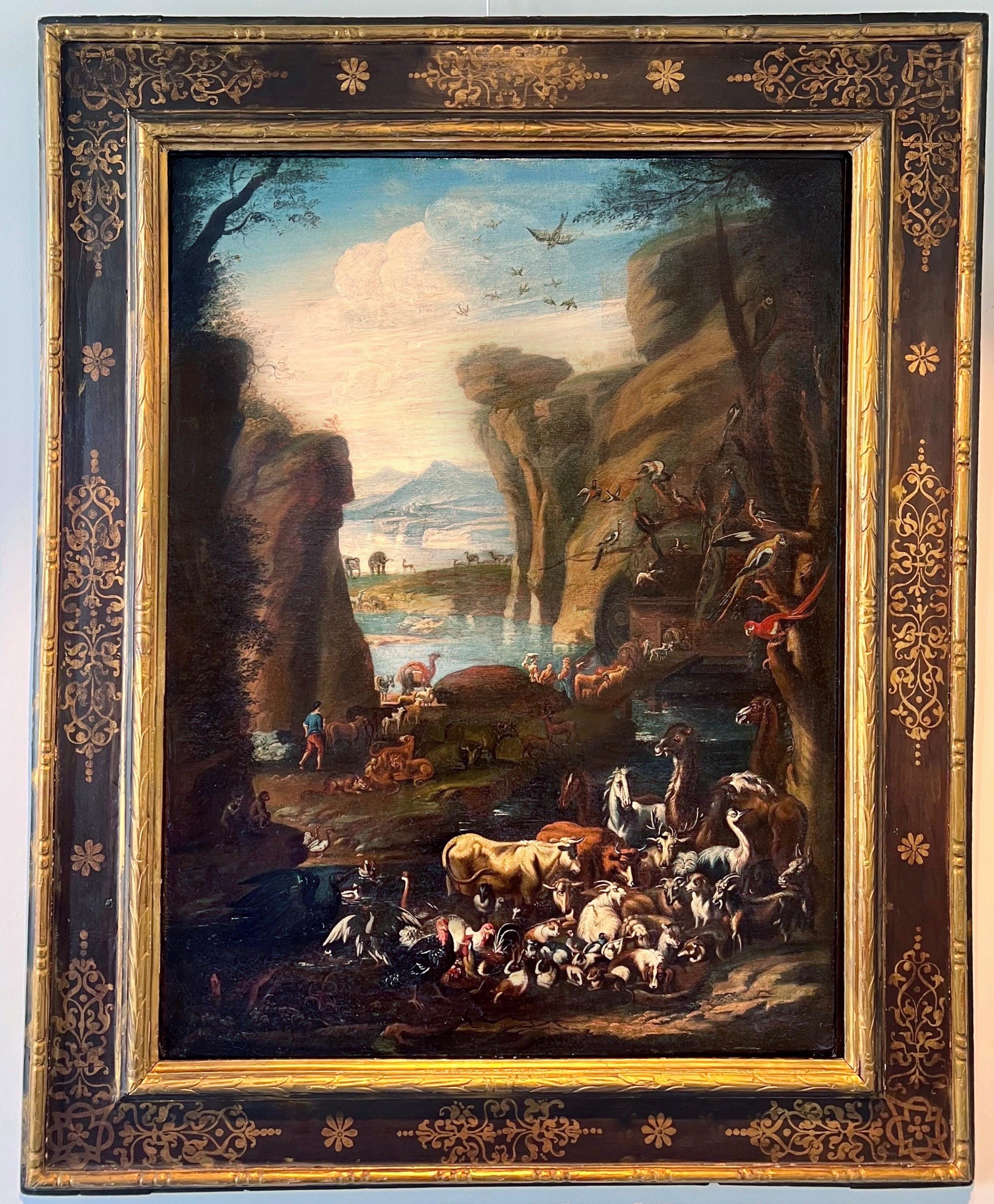 Großes italienisches Gemälde des 17. / 18. Jahrhunderts - Tiere, die Noahs Arktis eintreten 