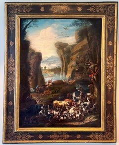 Grande peinture italienne du 17e / 18e siècle - Animaux entrant dans l'arche de Noé