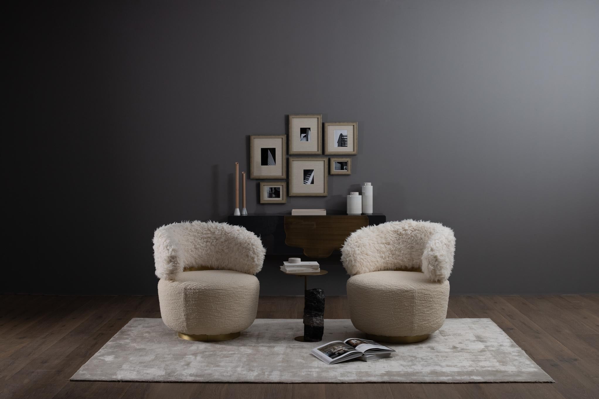 Brass Modern Caju Lounge Chair Armchair Bouclé Faux Fur Handmade Portugal Greenapple For Sale