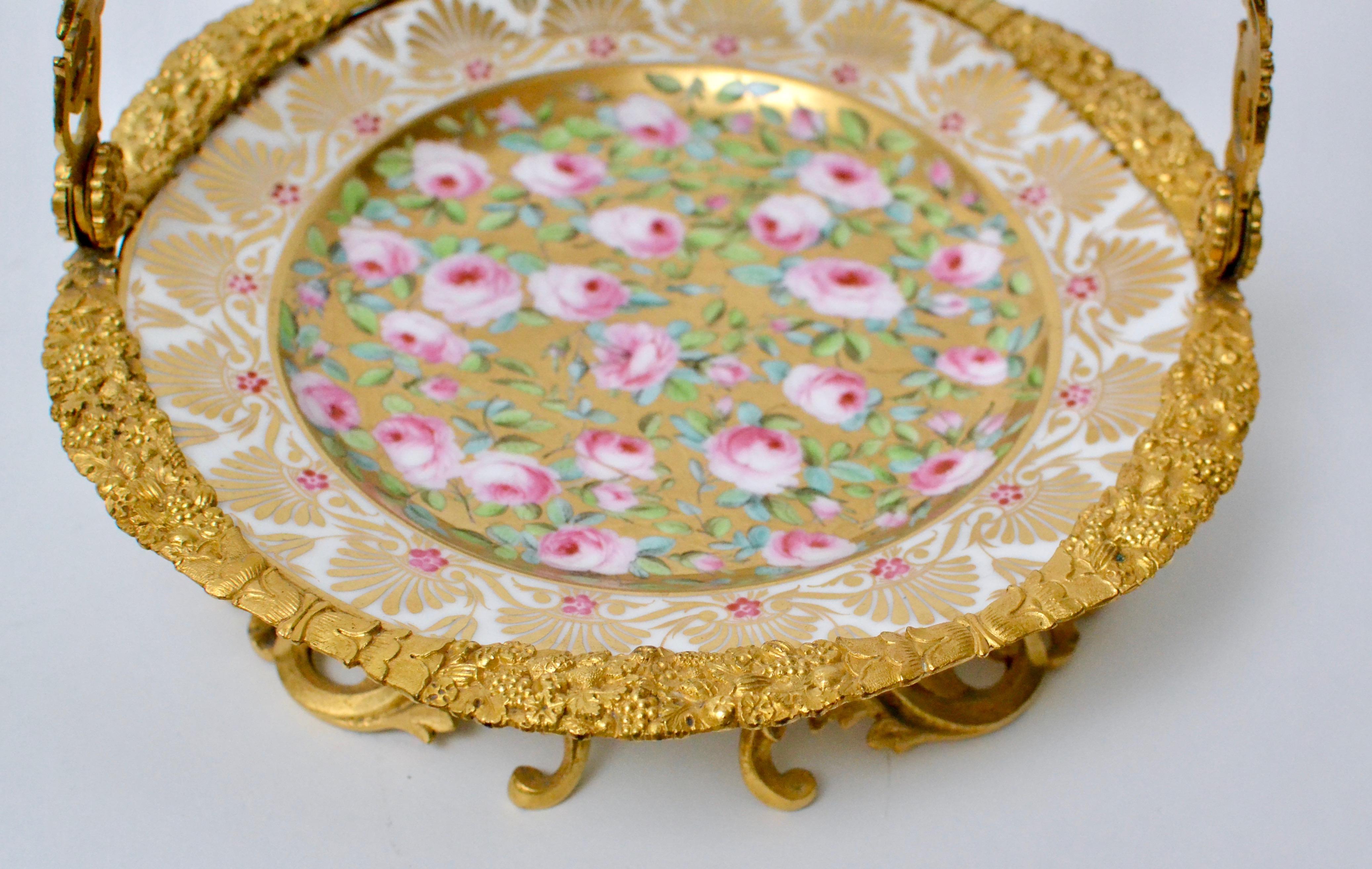 Empire Cake Stand Ormolu Mounted Painted Porcelain Plate with a Gilt Bronze Handle