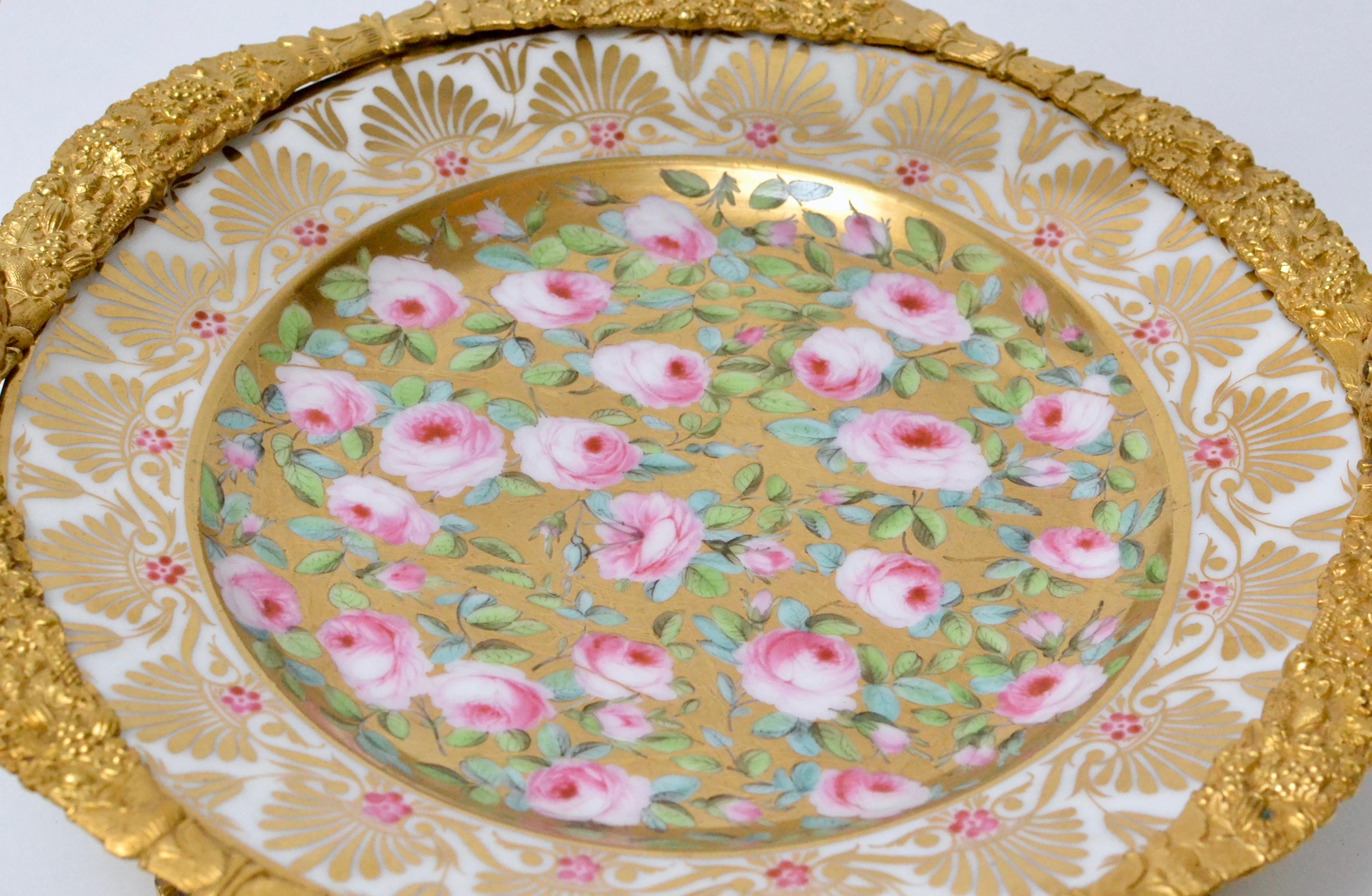 European Cake Stand Ormolu Mounted Painted Porcelain Plate with a Gilt Bronze Handle
