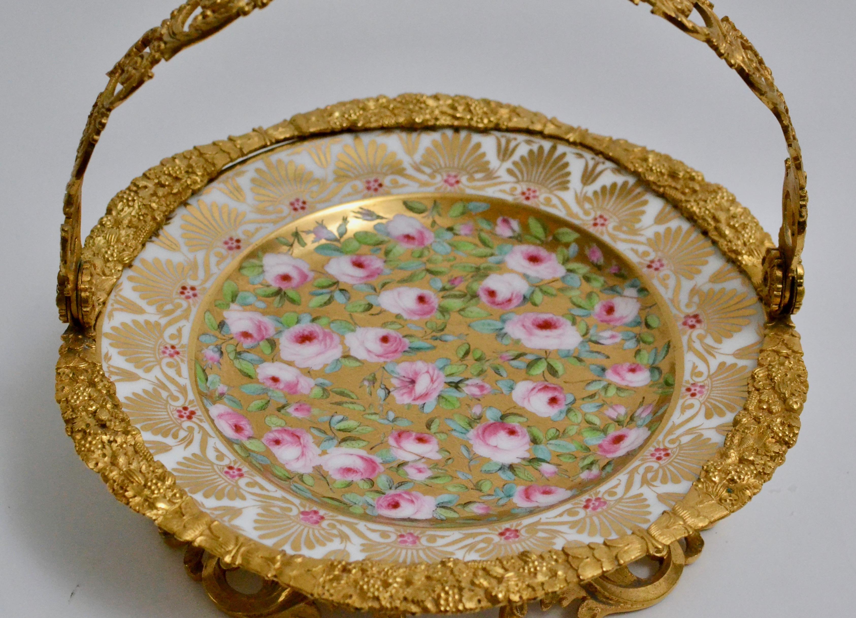 19th Century Cake Stand Ormolu Mounted Painted Porcelain Plate with a Gilt Bronze Handle